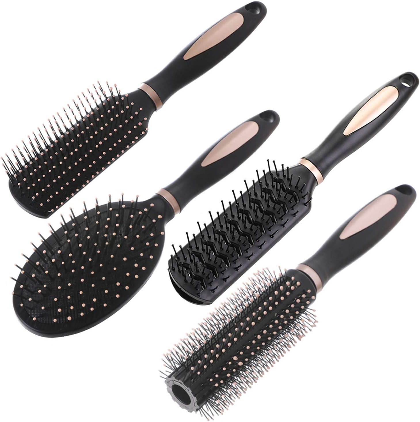 Pack of 4 Anti Static Massage Oval Comb Round Hair Brush Set - Vent, Detangling, Paddle Brush for Wet or Dry Hair's Detangle, Massage, Add Shine