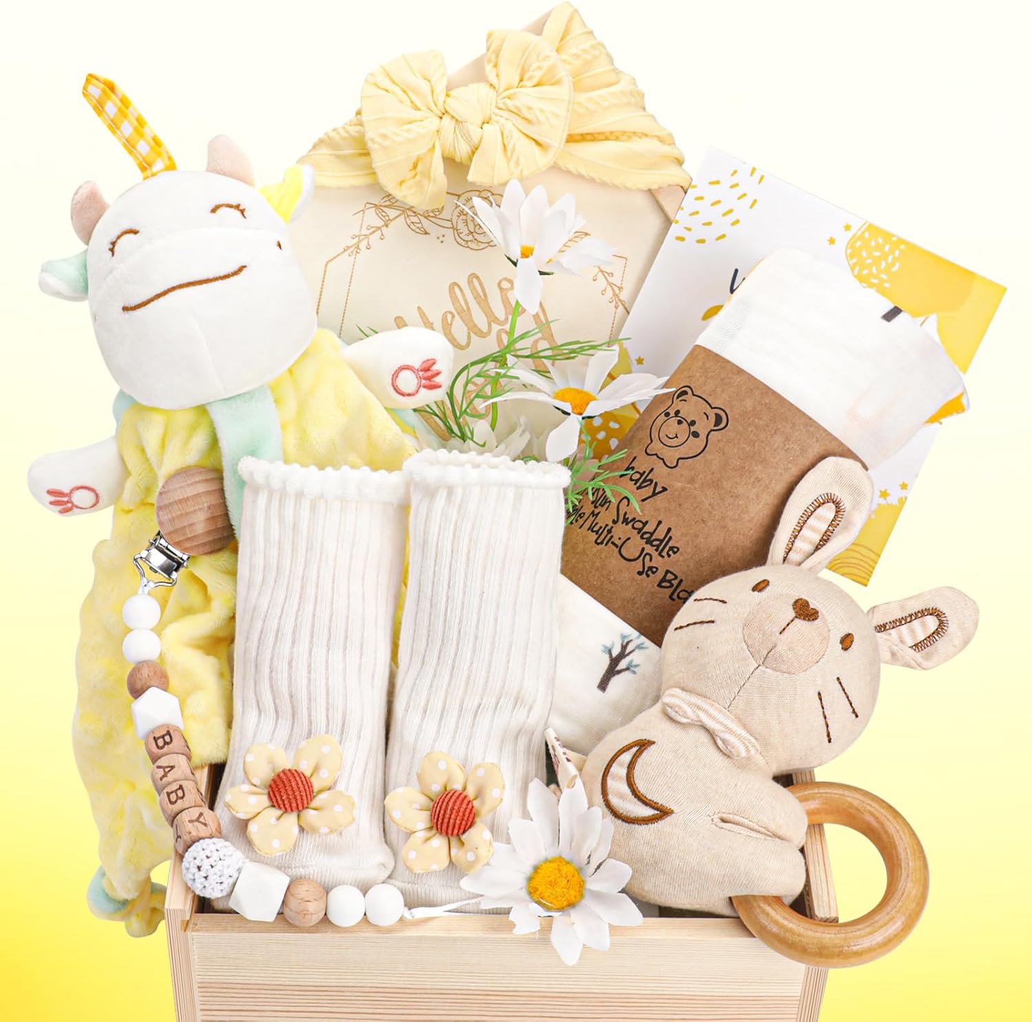 Baby Girl Gifts, for Girls,Newborn Essentials Baby Girl Basket,Wooden Baby Gift Basket Swaddle Blanket Rattle Toy Headband Bow Infant