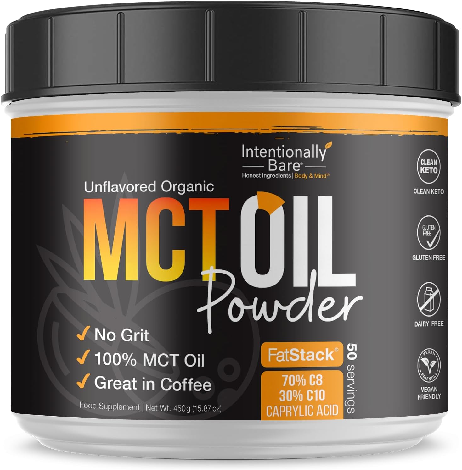 Intentionally Bare Organic MCT Oil Powder - Zero Net Carbs & No Grit MCT Powder for Body & Brain - Vegan MCT Creamer for Coffee, Tea, Shakes, Smoothies & Baking with 70% C8 & 30% C10 - Unflavored