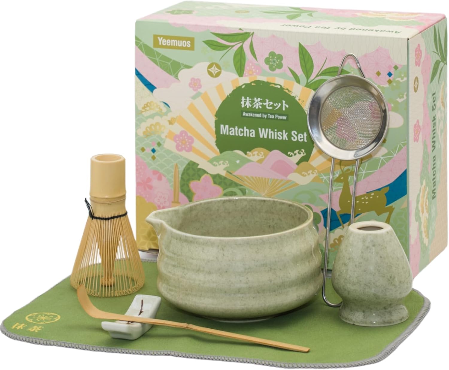 Matcha whisk Set,7 Pcs Matcha Making Kit with whisk Whisk, Ceramic Bowl, Sifter, Scoop, Holder, Stand, and Tea Towel for Ultimate Matcha Experience(Mottled Green)