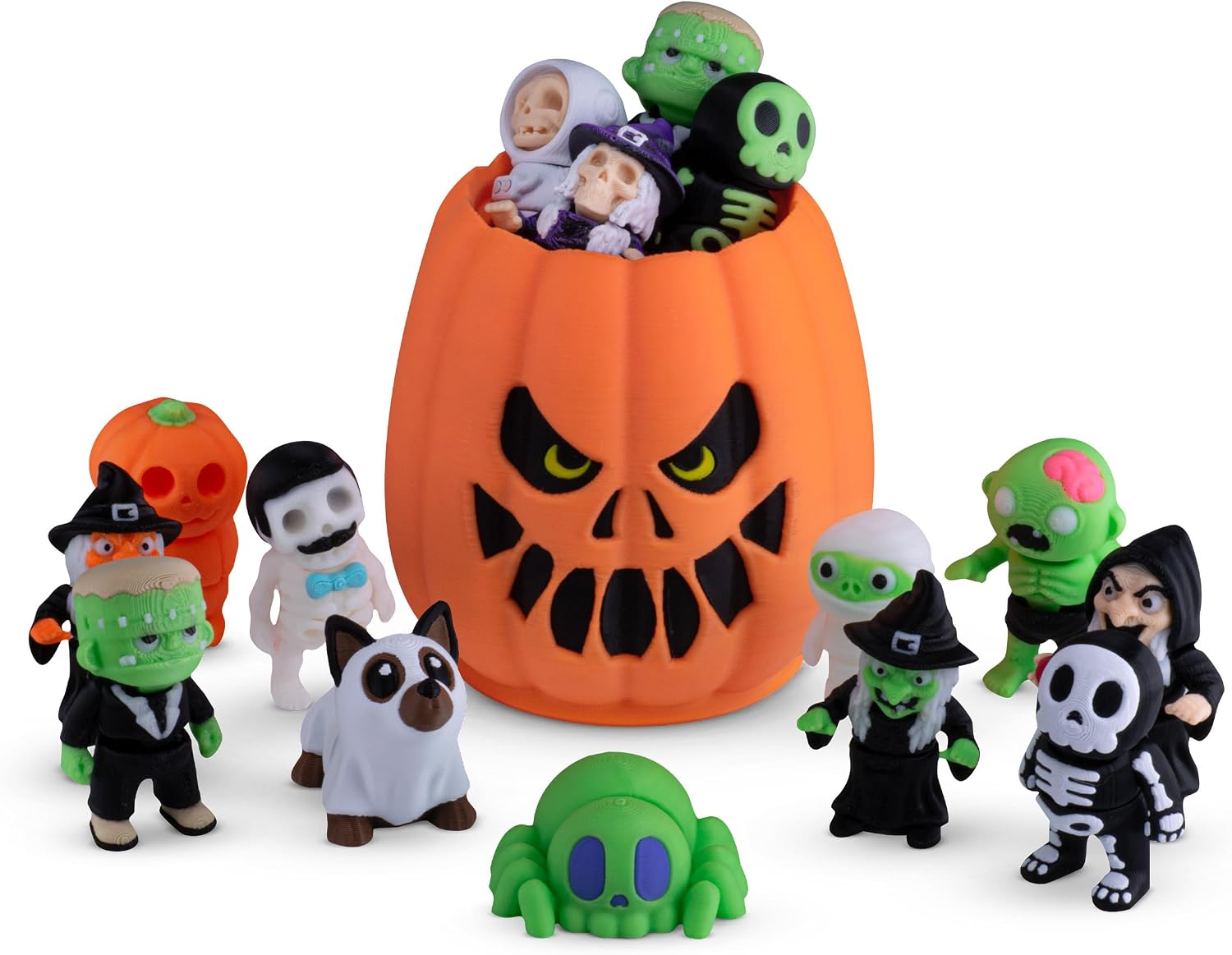Halloween Mystery Box, 10 Articulated Spooky Figures with Pumpkin Container, Random Figures and Mystery Removeable Pumpkin Lid
