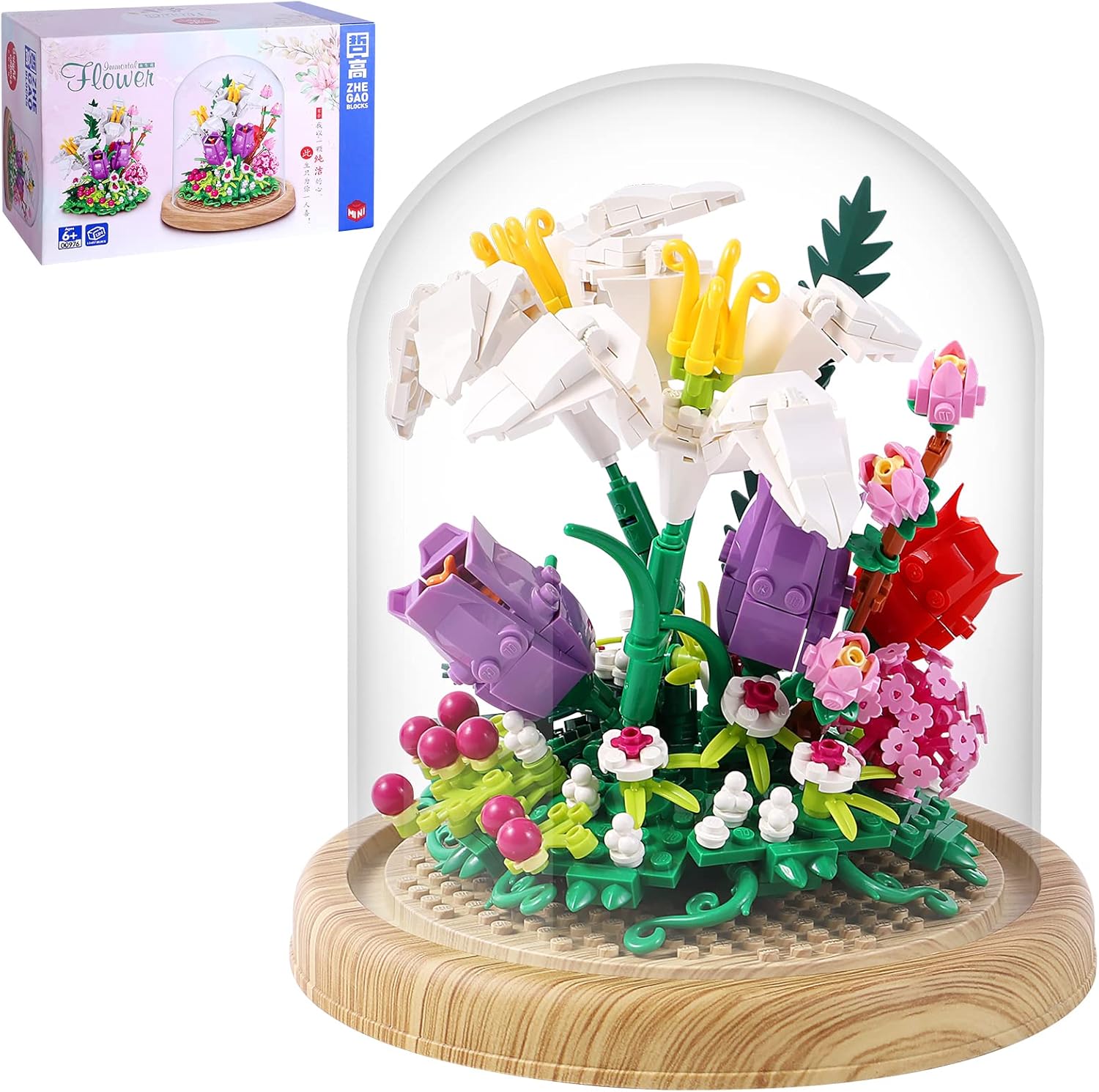 600+PCS Creative Lily Flowers Bonsai Tree Building sets,Sweet Lily Building Blocks with a Transparent Display Glass Cover,Exquisite Decoreated Flower Set,Any time is the most warm love for Her