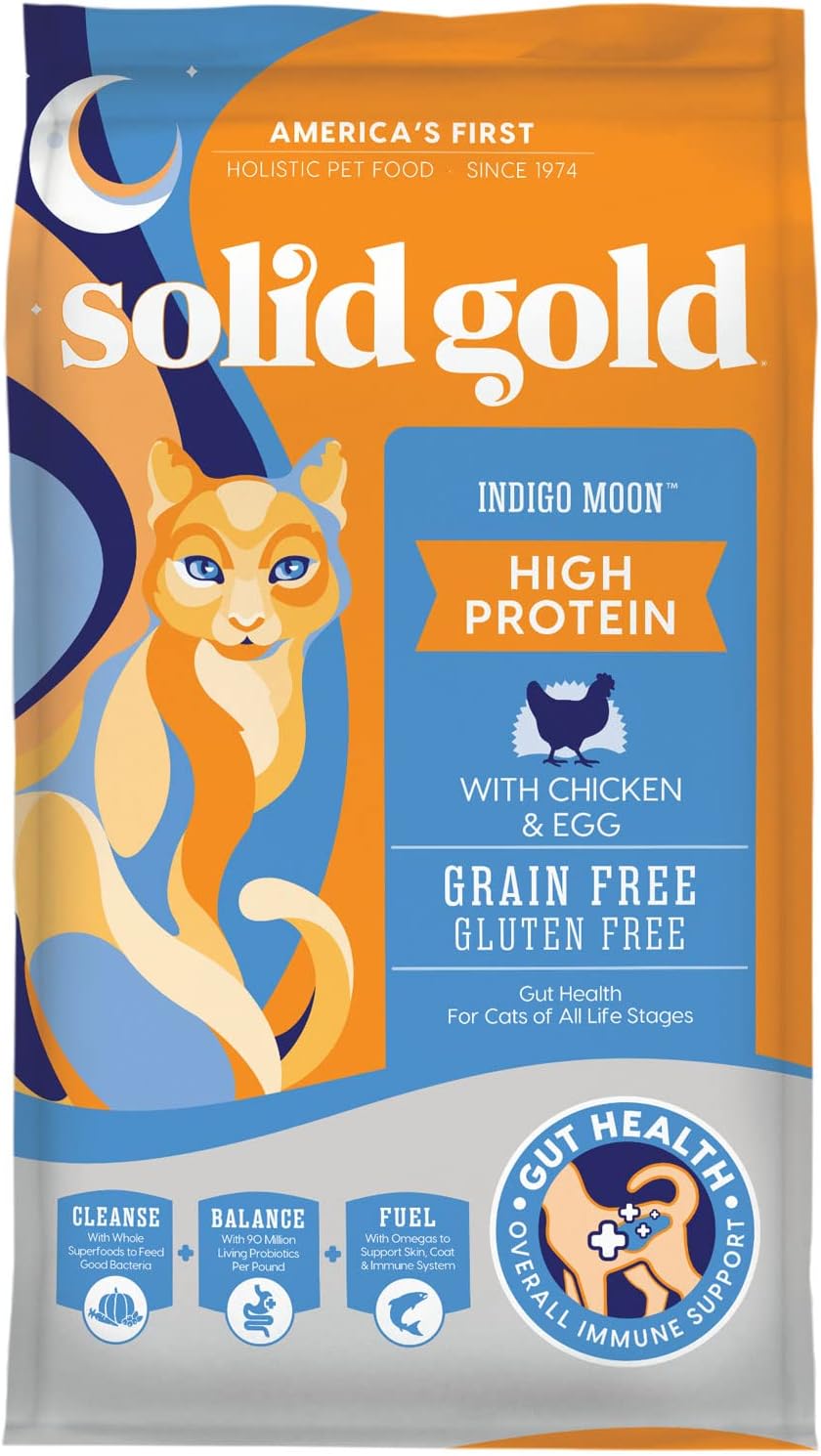Solid Gold High Protein Dry Cat Food - Indigo Moon Cat Dry Food with Digestive Probiotics for Cats - Grain & Gluten Free with High Fiber & Omega 3 for Cats - Low Carb Superfood Meal - Chicken - 3lb