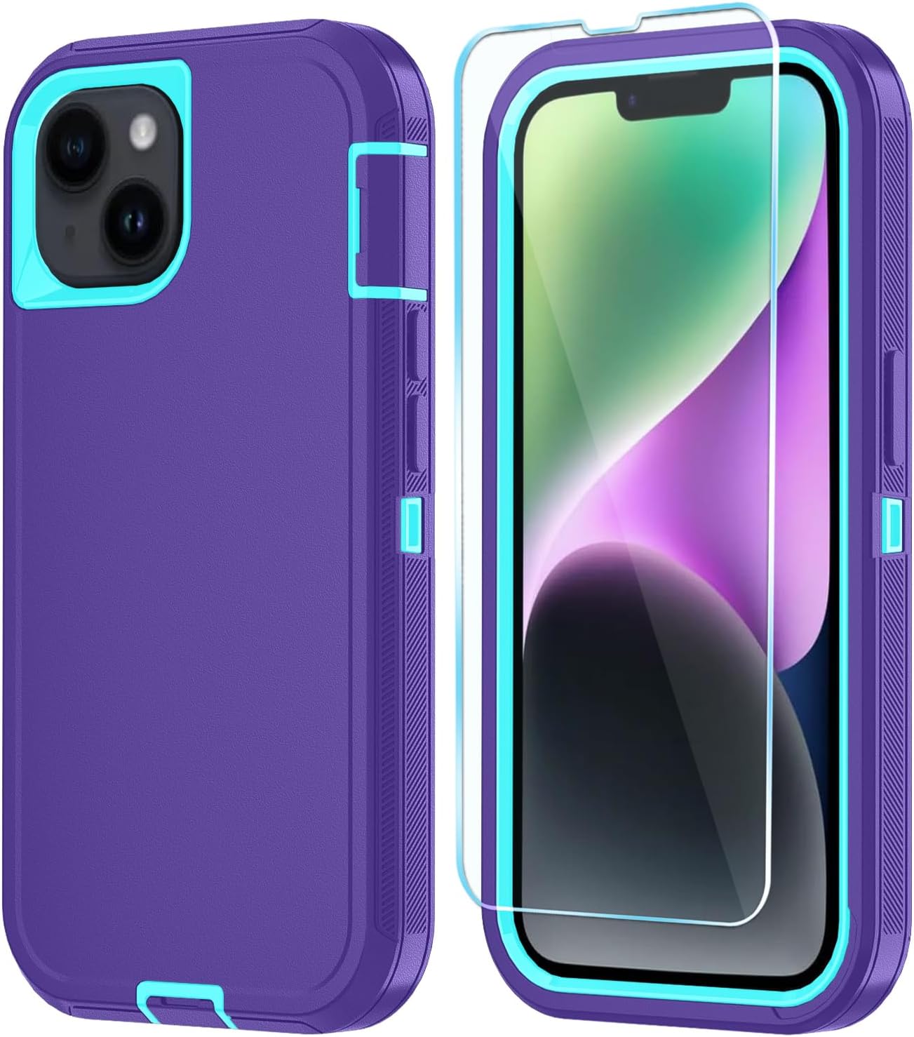 Phone Case for iPhone 14 Plus Case with HD Screen Protector, Heavy Duty Shockproof & DustProof & Dropproof 3-Layer Cover Phone Case for iPhone 14 Plus (6.7'') (PurpleSkyBlue)