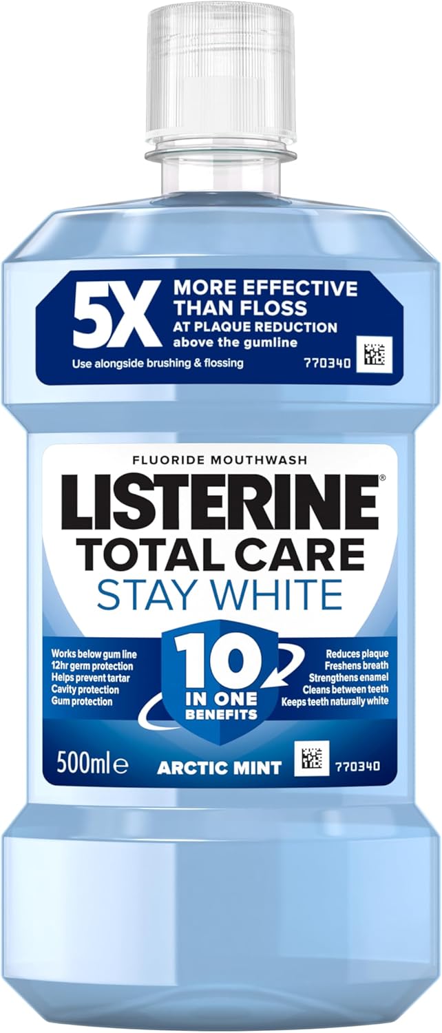 Listerine Total Care Stay White Mouthwash (1x 500ml), 10-in-1 Benefit Mouthwash for Total Oral and Gum Care to Maintain a Clean and Healthy Mouth and Naturally White Teeth
