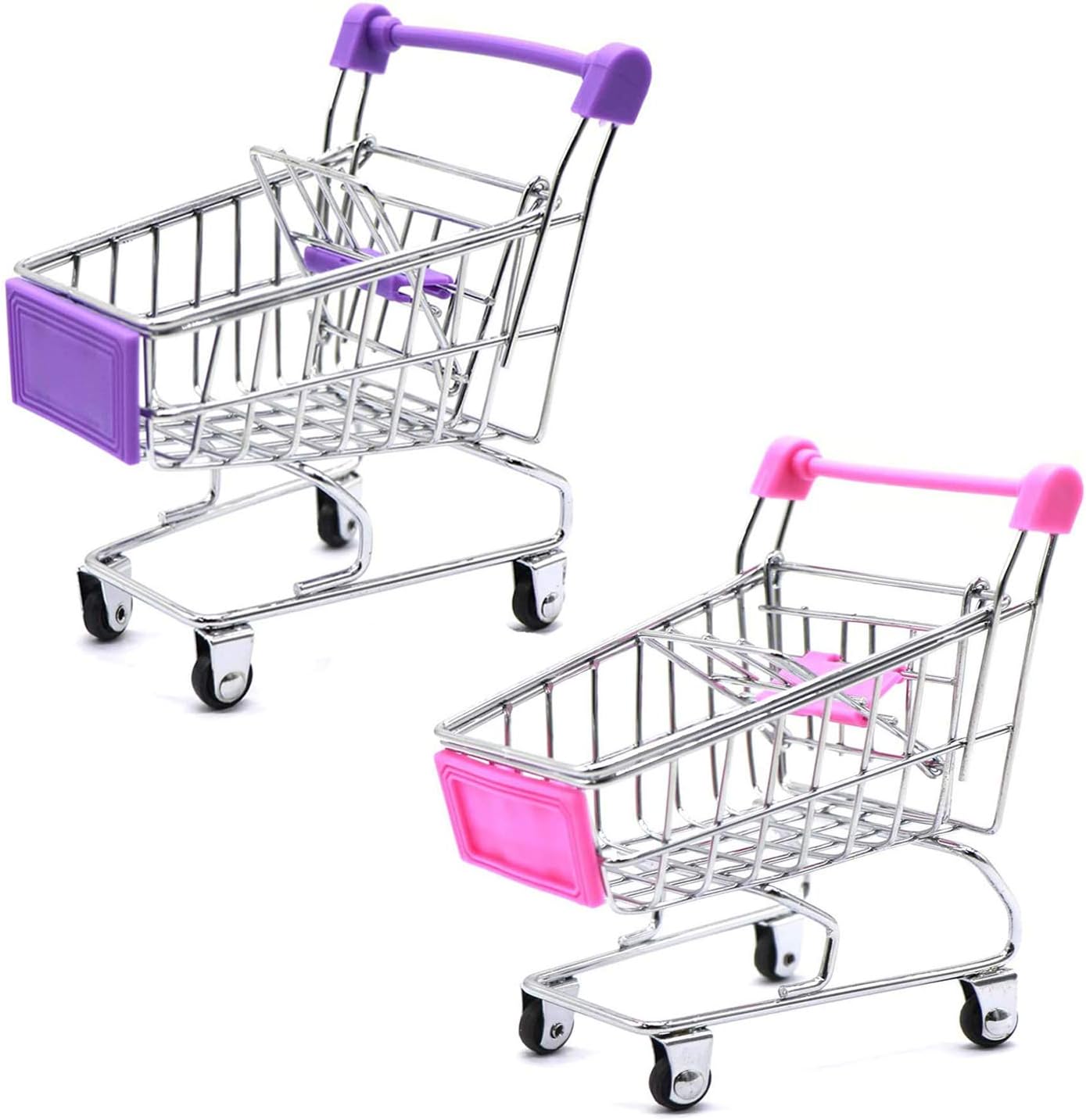 Mini Shopping Cart Trolley, 2 Pcs Storage Basket Kids Toy, Make Up Holder Rack Storage Stainless Metal Racking for Desktop Decoration (Pink & Purple)