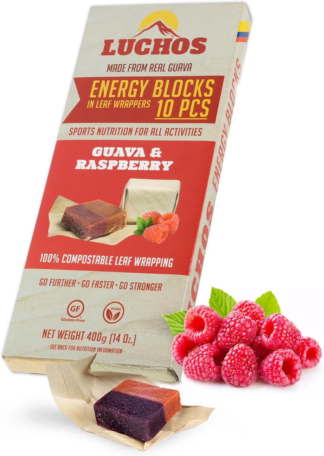LUCHOS Natural Energy Bars Blocks for Running, Hiking, Cycling, Sports Nutrition, Healthy Snacks, High Carb, Protein, Vegan and Gluten Free, Guava and Raspberry, 10 Pieces