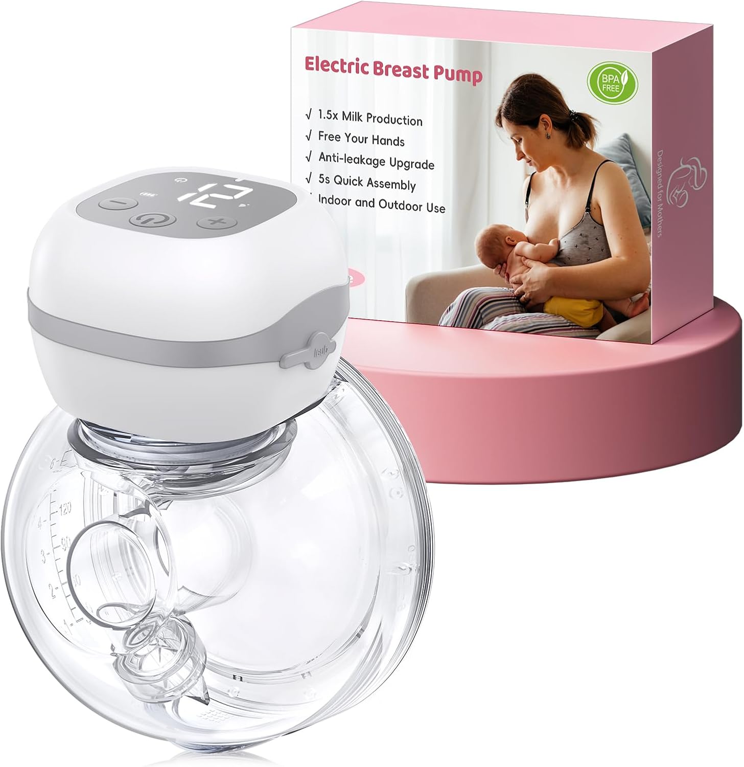 Electric Breast Pump Wearable, Hands-Free & Ultra Quiet 40dB Portable Pump with 3 Modes & 12 Levels, Long Battery, 5s Quick Assembly, Lightweight 201g for Working & Nursing Moms, BPA-Free