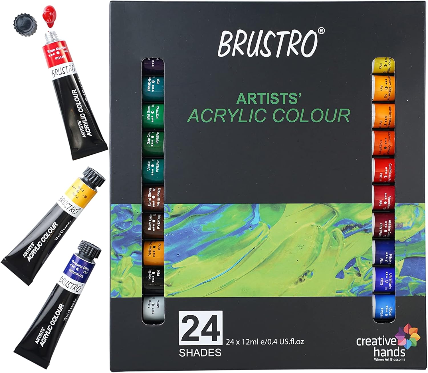 Acrylic Paint colour set | Set of 24 Colours X 12ml Tubes | Highly pigmented, Opaque Colors, Intermixable, Great Opacity, Perfect For Students, Adults, Beginners, Professionals and Artists.
