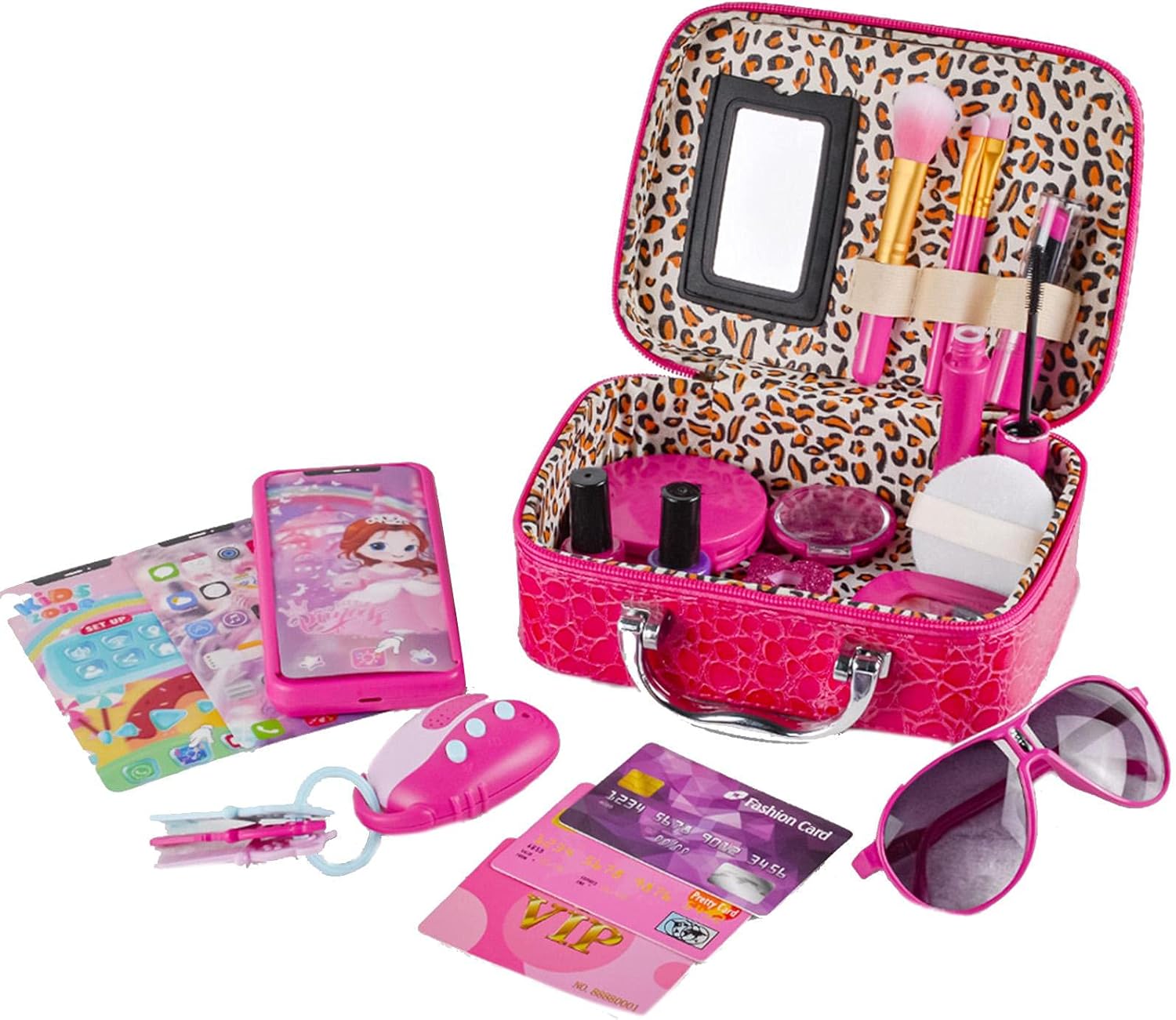 Bexdug Pretend Makeup Kit for Girls,Fake Makeup Kits with Cosmetic Bag for Little Girls | with Pink Princess Purse, Smartphone, Sunglasses, Credit Card, Lipstick, Brush, Lights Up, Make Real