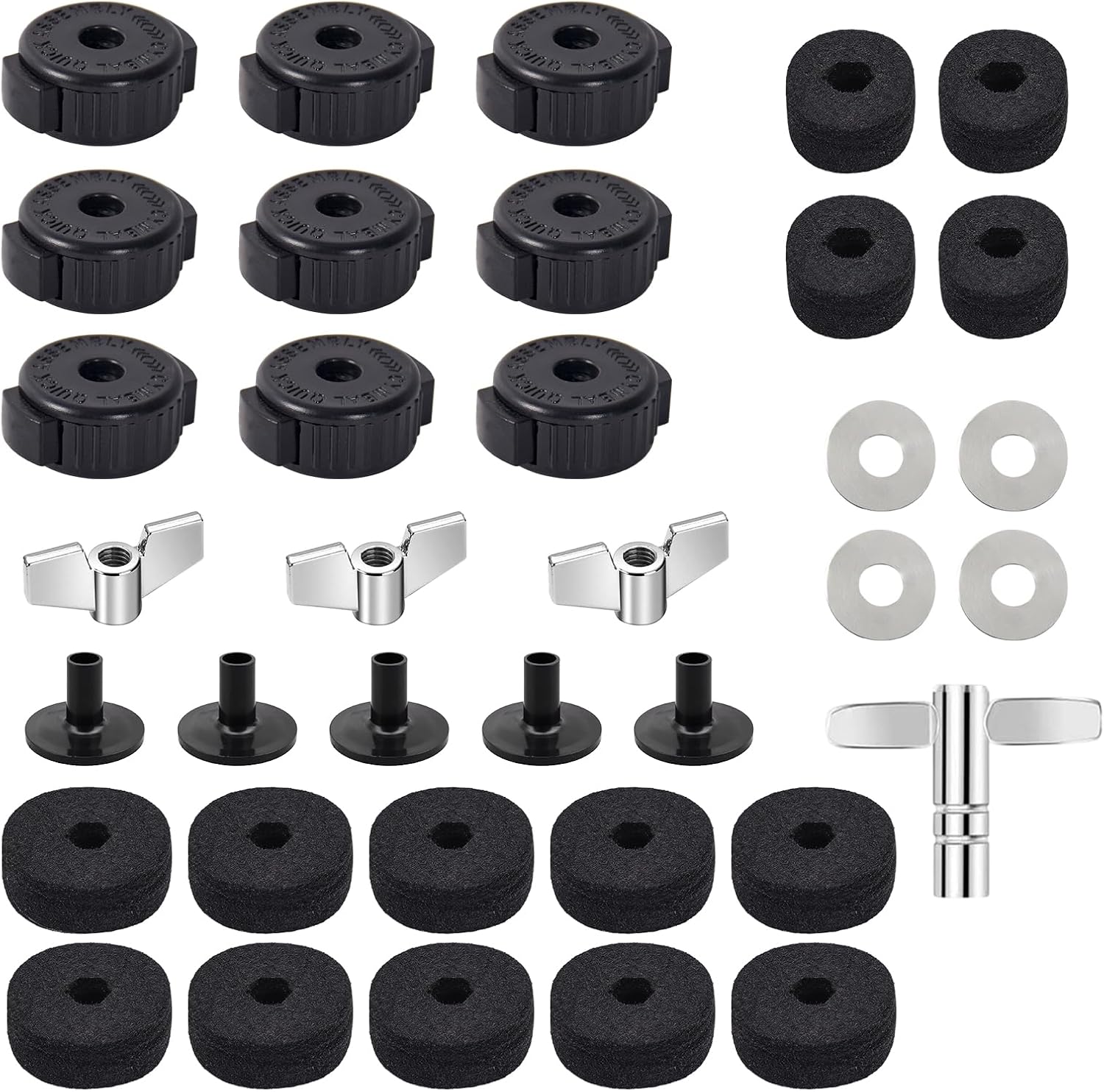 36 PCS Cymbal Replacement Accessories, Clutch Felts, Drum Cymbal Felt Pads | Include Wing Nuts & Washers & Plastic Cymbals Sleeves & Drum Key and Plastic Cymbals Nuts, Replacement for Drum Set (Black)