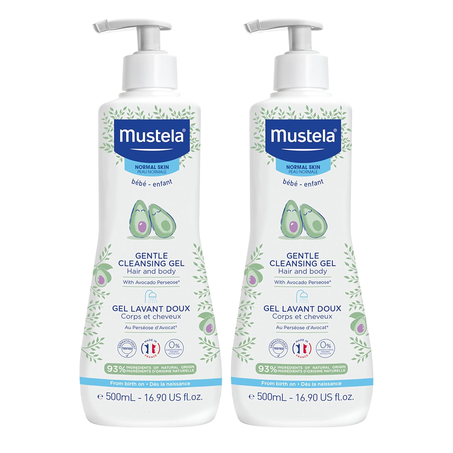Mustela Gentle Cleansing Gel - Baby Wash for Delicate Skin and Hair - Newborn-Safe Cleanser - Made with with Natural Avocado Perseose - 1 or 2-Pack - Various Sizes