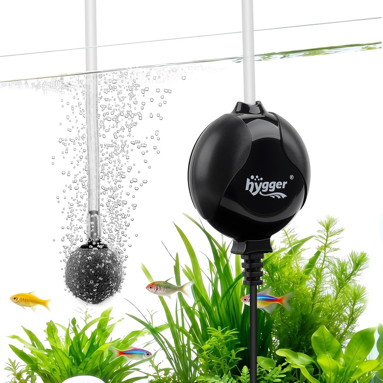 hygger Quiet Mini Air Pump for Aquarium 1.5 Watt Oxygen Fish Air Pump for 1-10 Gallon Fish Tank with Air Stone Air Tubing Clip Black