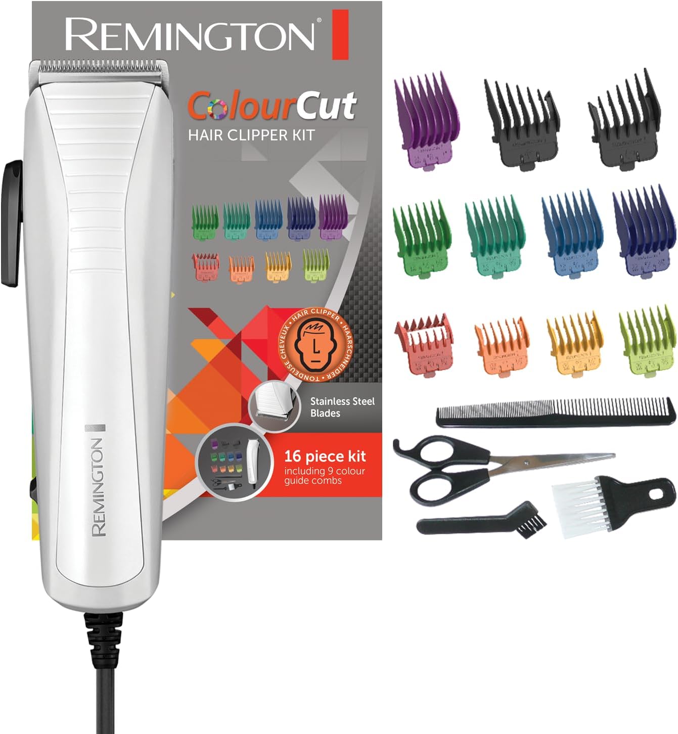 Remington Colour Cut Hair Clippers Kit (Corded, Stainless Steel Self-Sharpening Blades, Comfort Tip Blades, Taper Lever (0.5-2mm), 9 Colour Coded Combs (1.5-25mm), Scissors & Comb) HC5035
