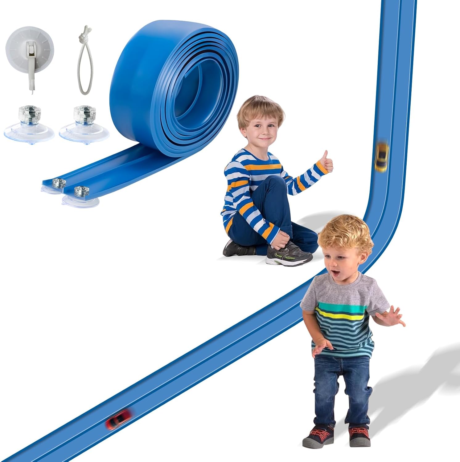 Flex Track 15 Ft Starter Set, Flexible Race Car Ramp Track for Ages 3 & Up with Suction Cups Compatible with Hot Wheels and Diecast 1/64th Cars (Blue)