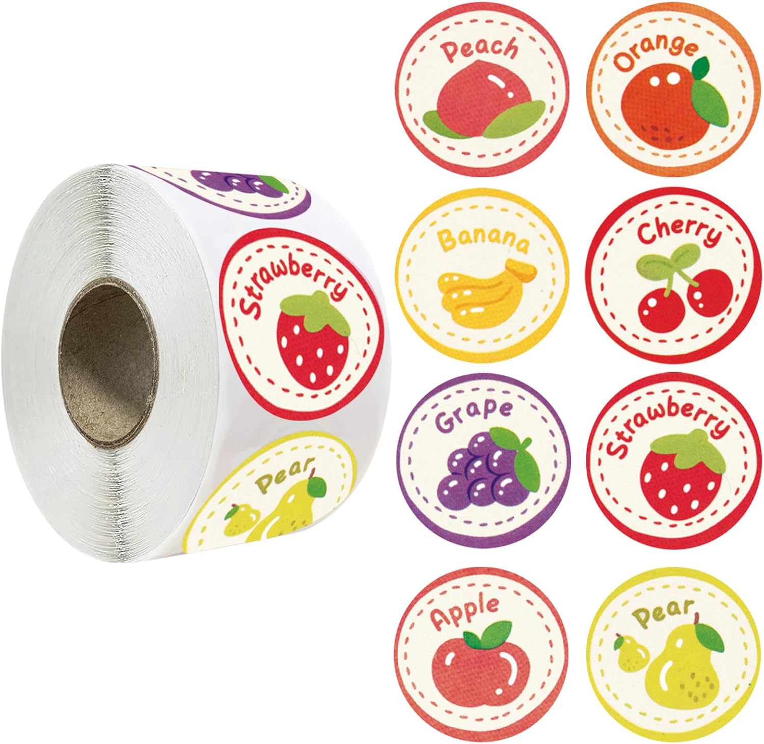 500Pcs Fruit Stickers, Cute 8 Styles 1 Inch Small Peach Orange Banana Cherry Grape Strawberry Apple Pear Sticker Round Roll for Kids Teachers Classroom Rewards Scrapbooking Crafts (Fruit)