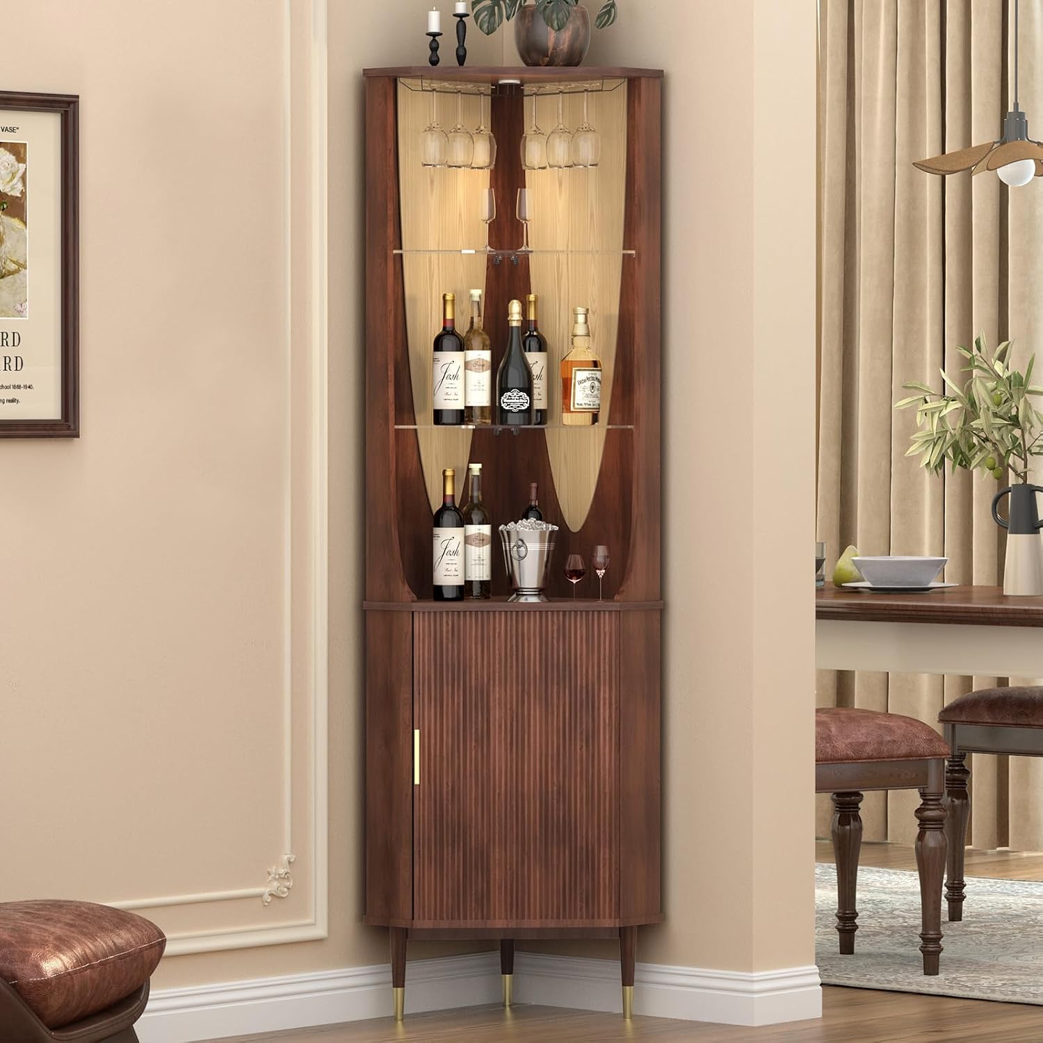JOINICE Tall Corner Bar Cabinet for Liquor,Mid-Century Modern,Walnut,70"