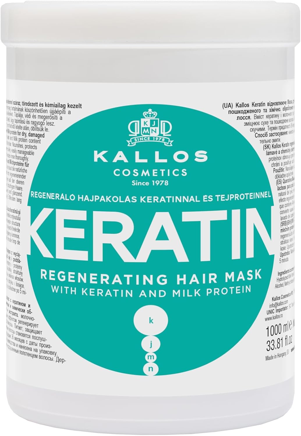 Kallos KJMN Keratin Regenerating Hair Mask with keratin and milk protein for dry, damaged and chemically treated hair 1000 ml - 33,81 Fl Oz