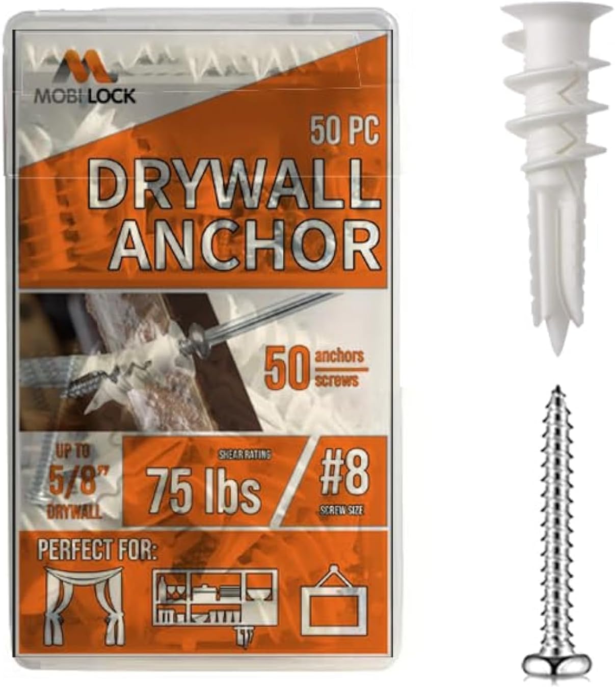 50pcs Self Drilling Drywall Anchors #8 and 50 Philips Pan Head Self Tapping Screws for Gypsum Boards, Drywalls or Plasterboards - Holds up to 75Lbs or 34Kg - by Mobi Lock