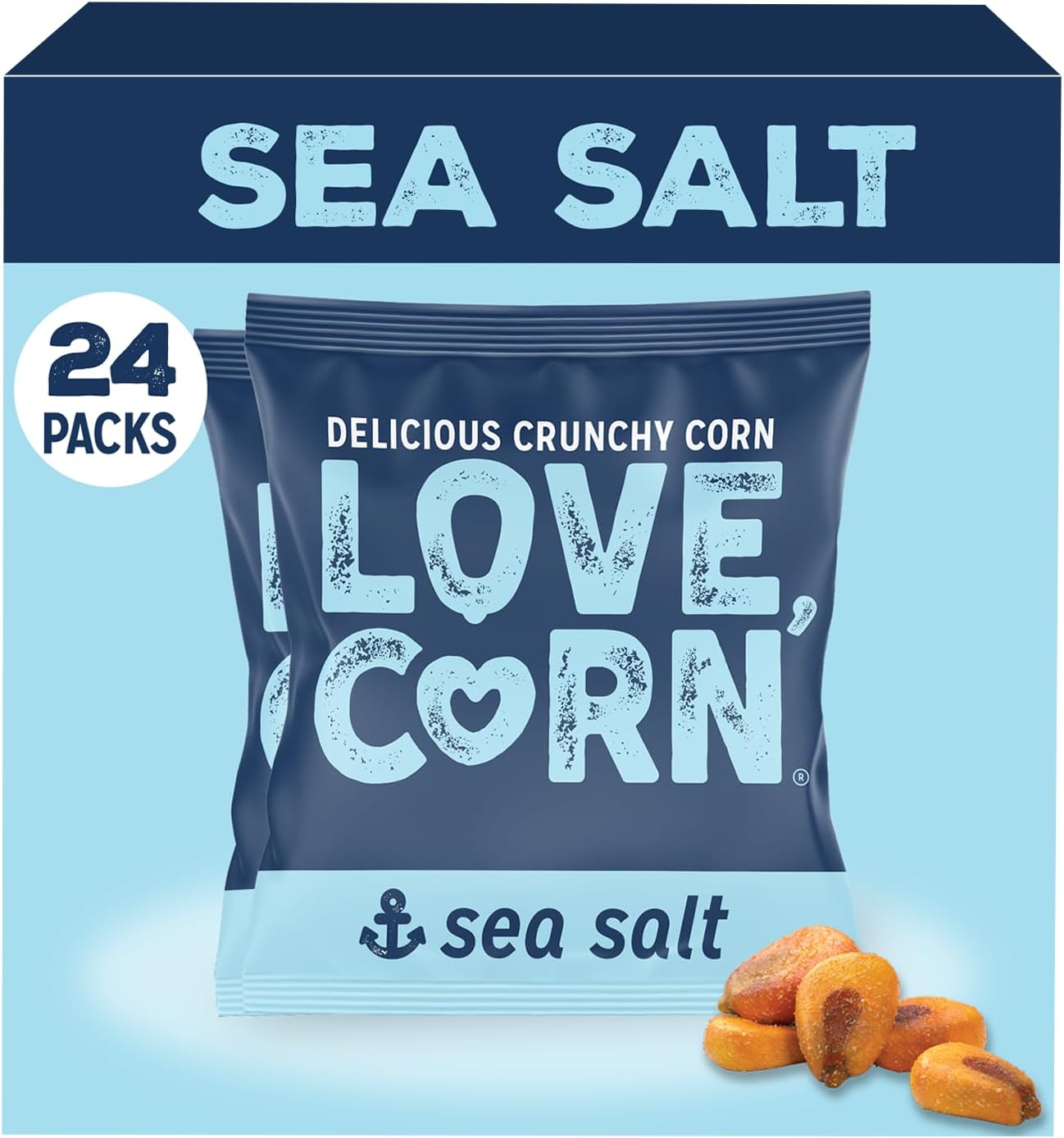 LOVE CORN Sea Salt Crunchy Corn Snack (24 x 20g) - High Fibre & Healthy, High Oleic Sunflower Oil, Gluten-Free, Vegan, Kosher, Low Sugar Crisps Alternative, Plant Based Graze, Lunchbox Friendly, UK