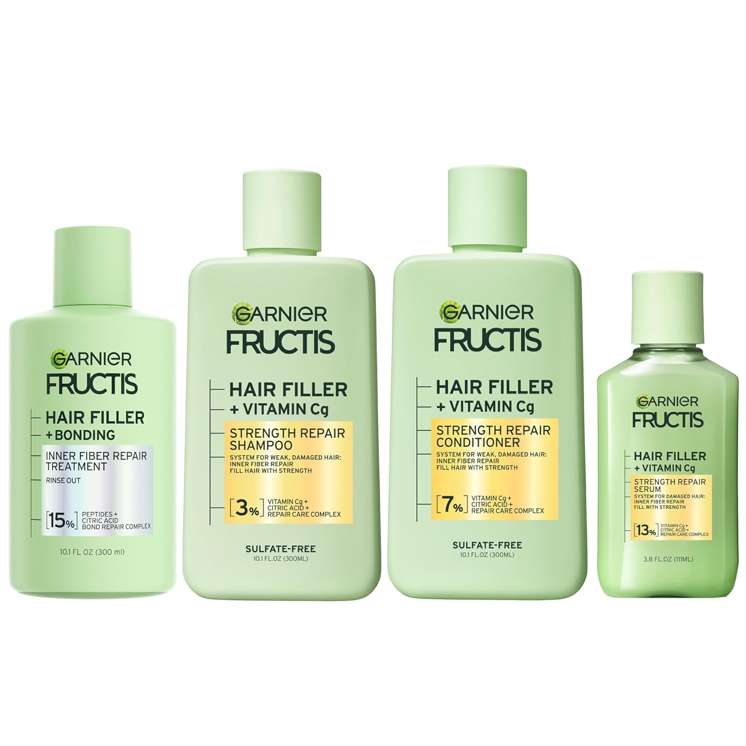 Garnier Fructis Hair Filler Bonding Pre-Shampoo Hair Treatment + Strength Repair Shampoo, Conditioner and Serum Set with Vitamin Cg, 4 Items, 1 Kit