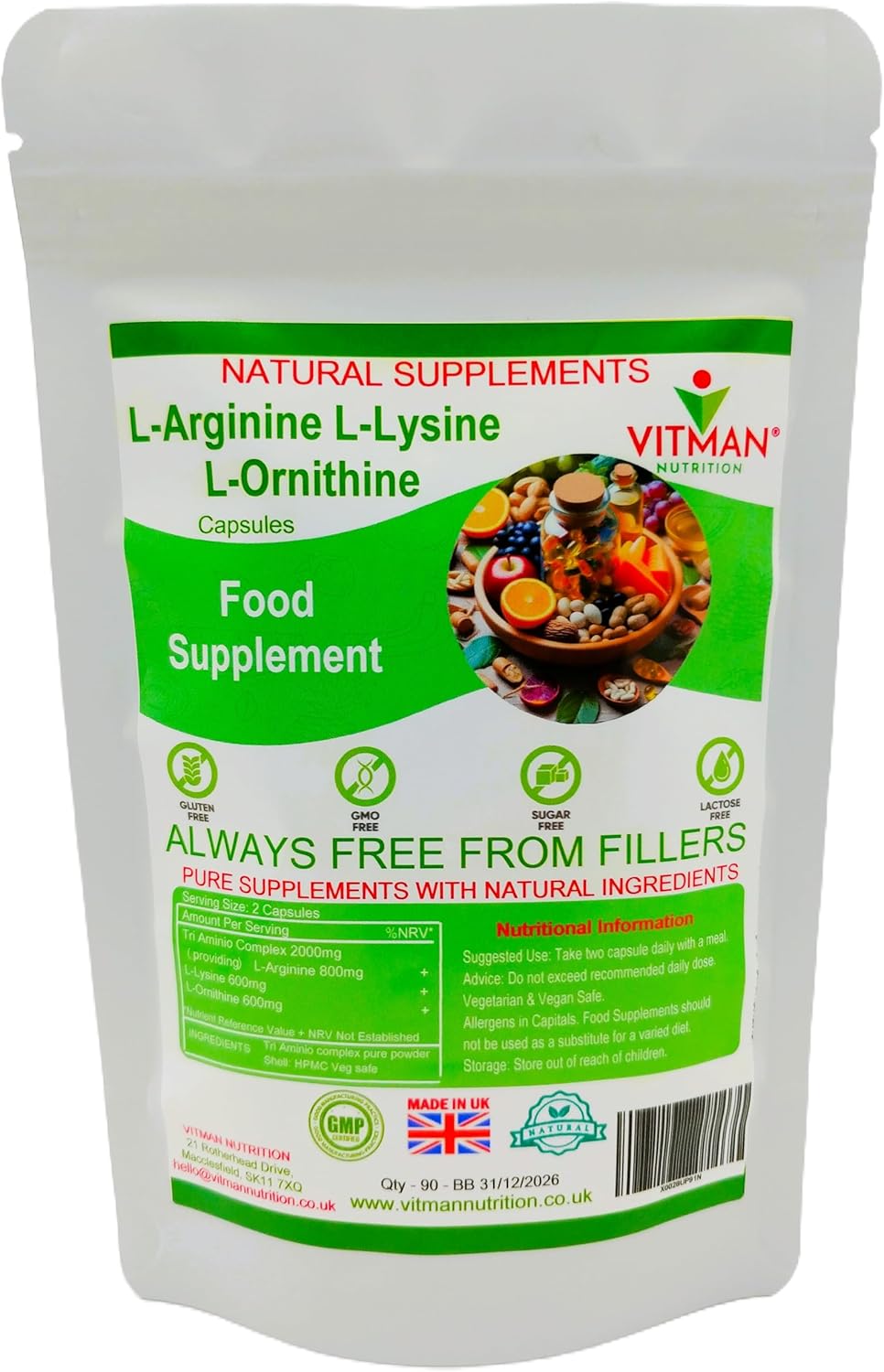L-Arginine L-Lysine L-Ornithine Capsules - 90x Synergistic Tri Amino Acid Complex 1000mg - Health Sports Supplement Bodybuilder Gym Muscle Mass Support -Promotes Optimal Assimilation & Absorption (90)