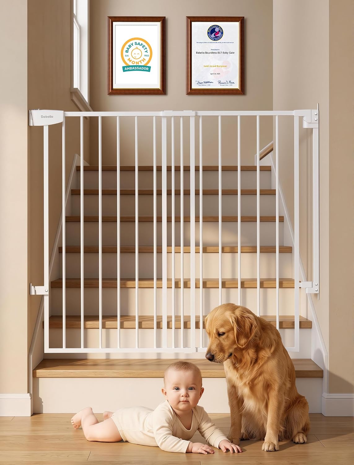 Babelio Extra Wide No Bottom Bar Baby/Dog Gate, 28" H, 29.7-46.5" W, White