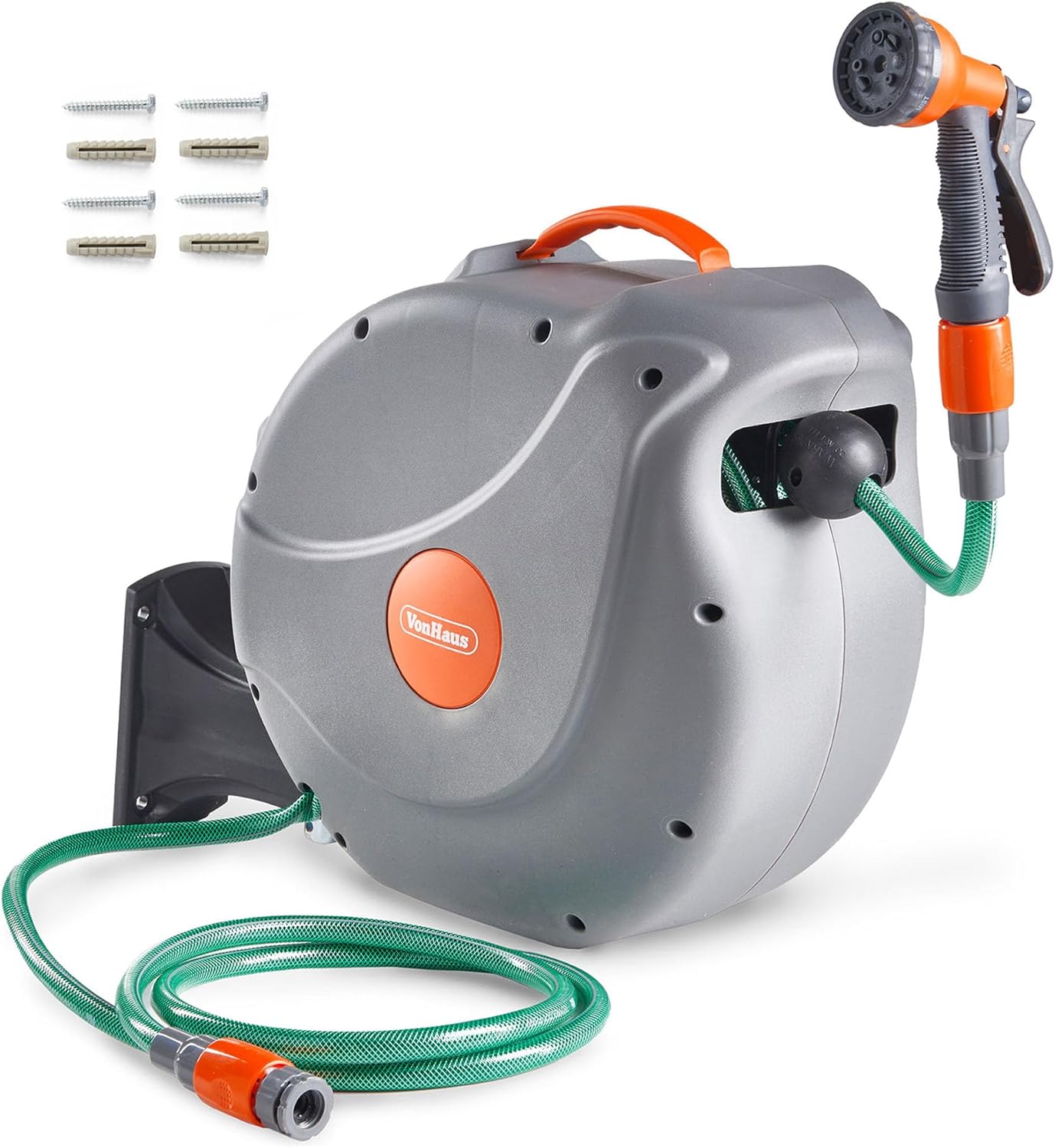 VonHaus Hose Reel 20m – Wall Mounted Hose Reel for Garden, Retractable, Auto Lock and Auto Rewind, Includes Wall Fixings and 8 Function Spray Gun, 180° Pivot Swivelling, Long Reach, Outdoor Watering