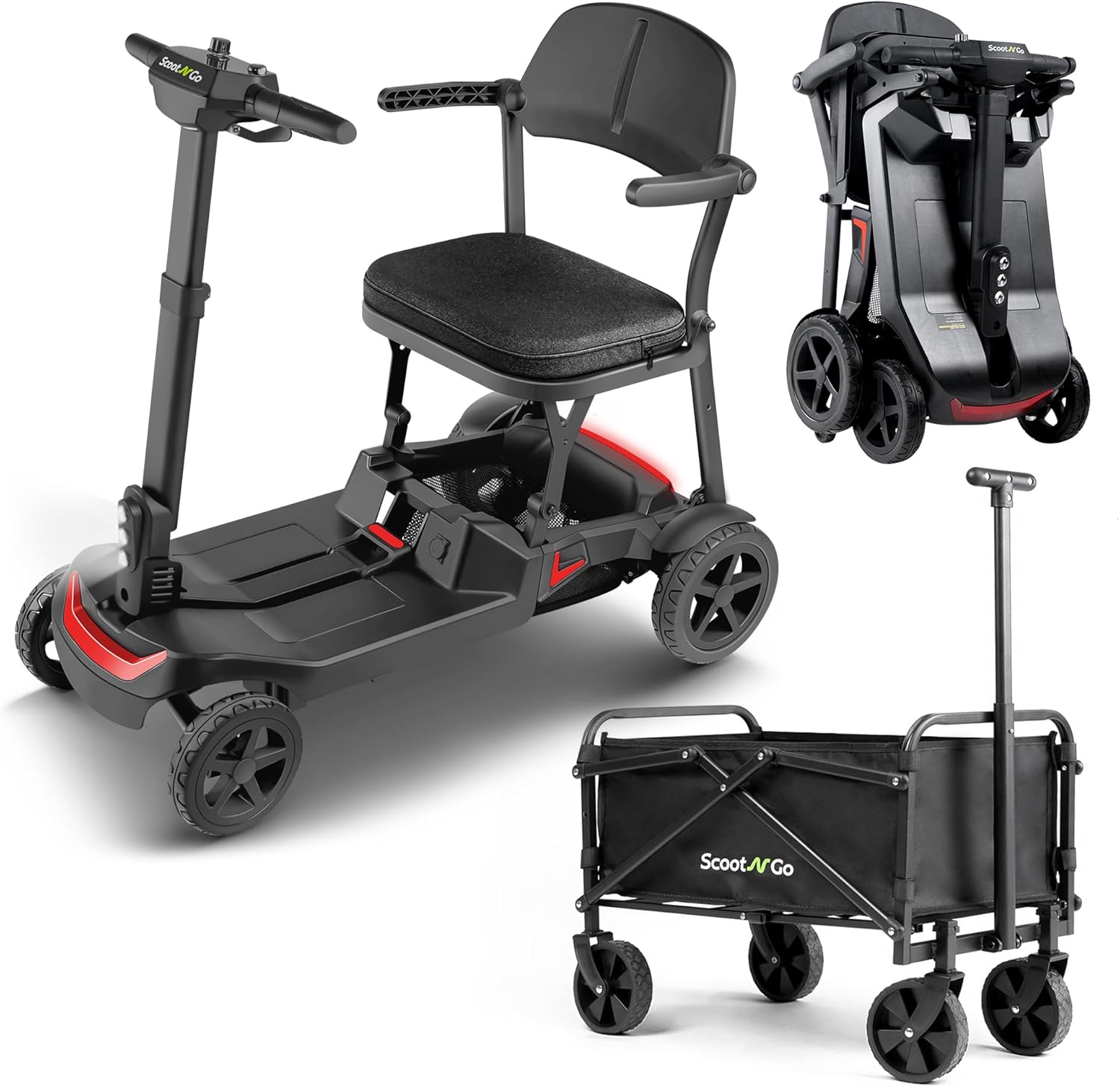 Mobility Scooters for Seniors, 4 Wheel Lightweight Foldable Mobility Scooter for Adults with Removable Battery, Folding, Airline Approved, Long Range, with Collapsible Wagon, Black Red