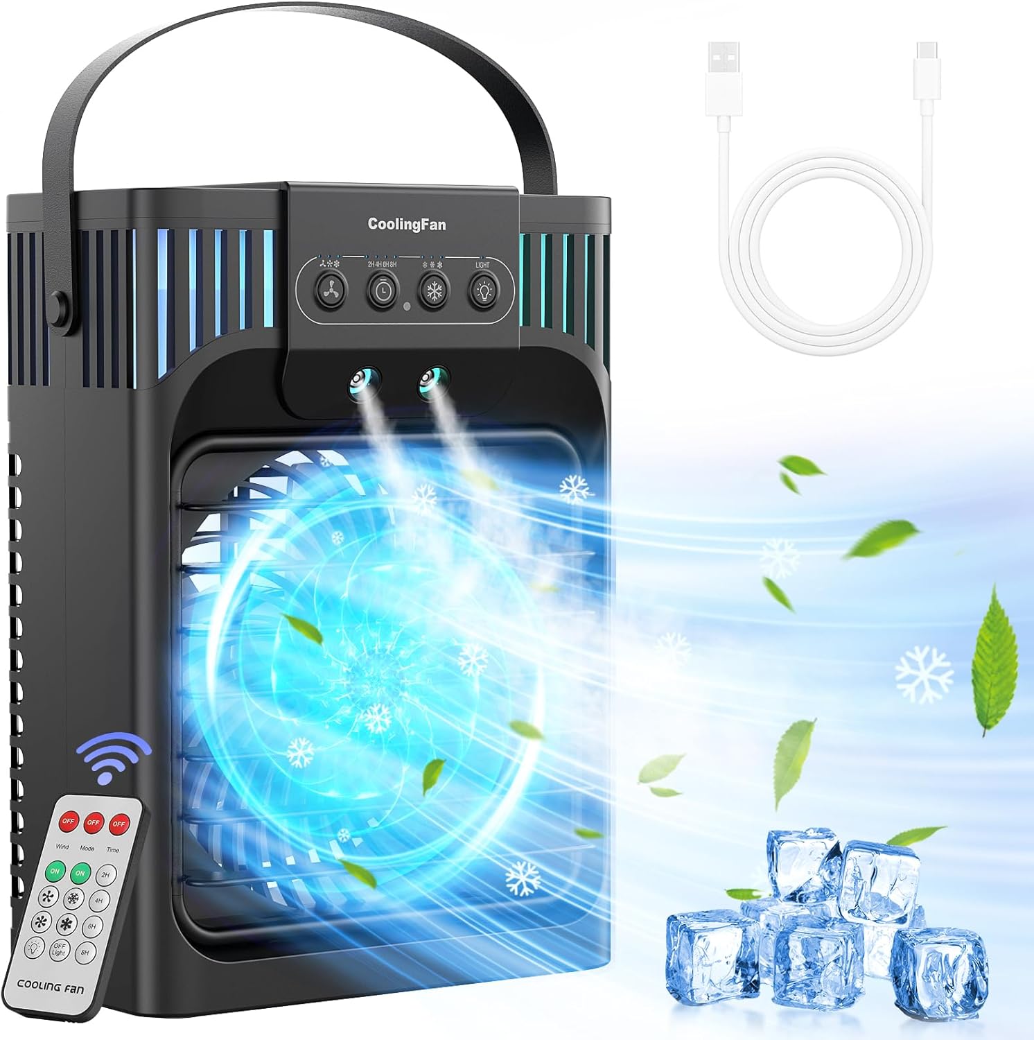 FethFire Portable Air Conditioner Cooling Fan, 1200Ml Mini Air Conditioning Unit with Remote,Quiet 3 Wind Speeds & Cool Mist, 2-8H Timer & 7 LED Light, Personal Air Cooler Fan for Room,Home,Office