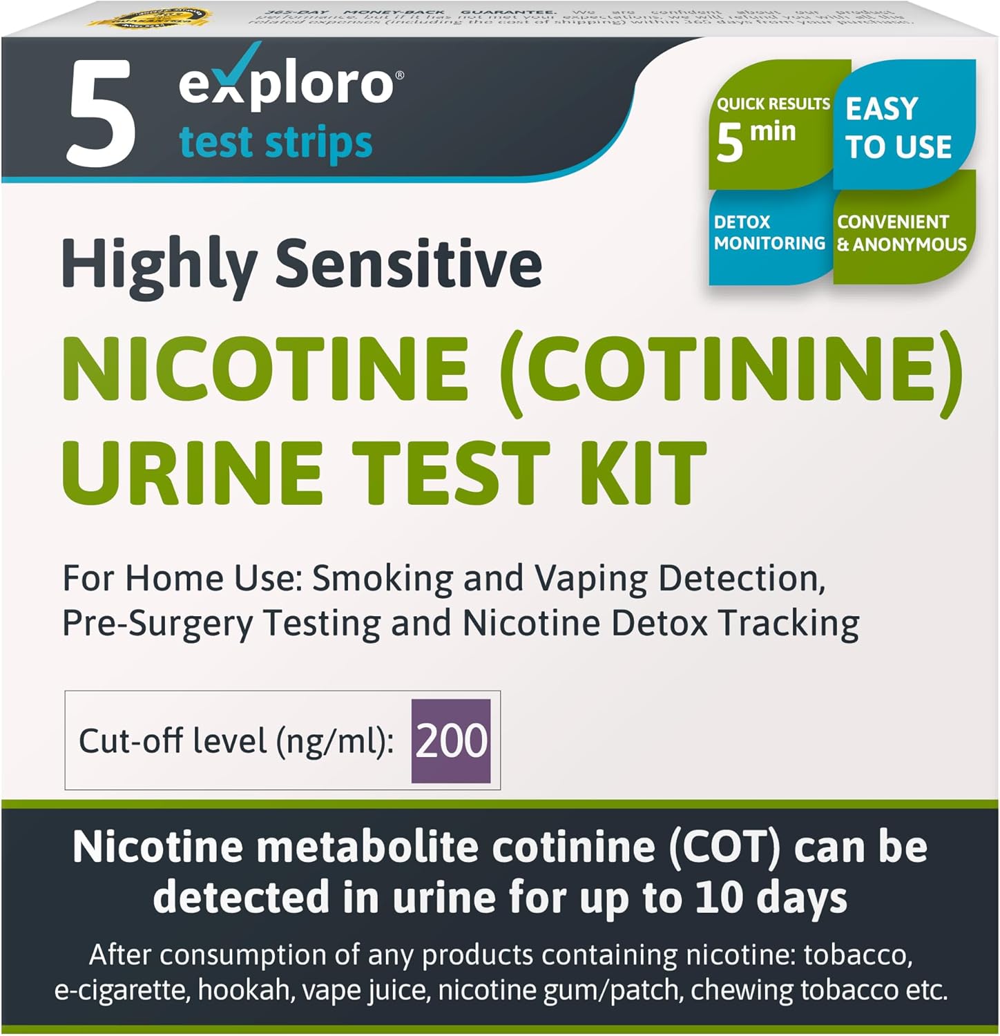 Exploro Nicotine Testing Kit at Home, Cotinine Urine Test, Highly Sensitive Nicotine Test Strips for Urine, Nicotine Test, Accurate Nicotene Test & Vape Test for Cut-Off Level 200 ng/ml (Pack of 5)
