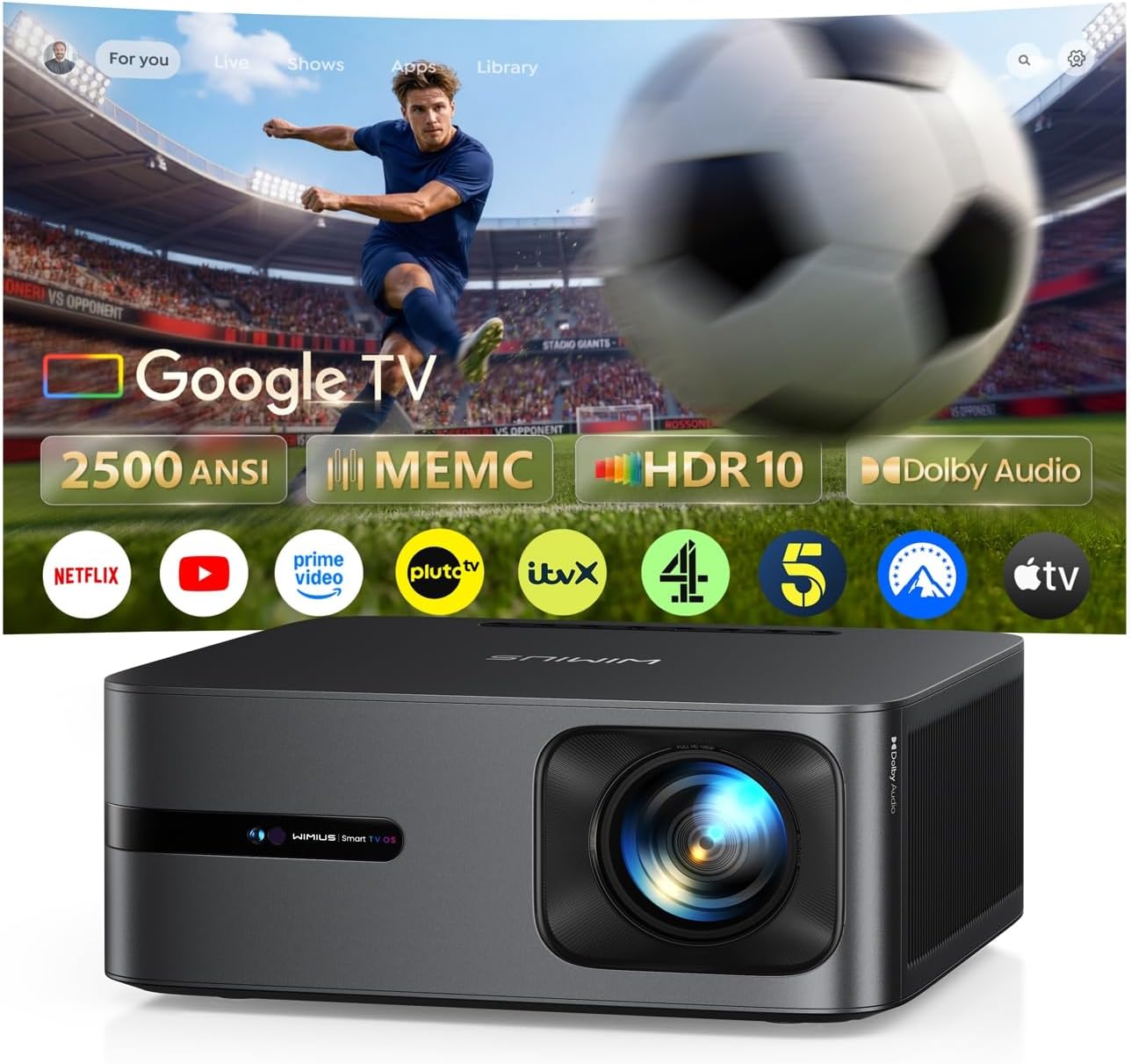 Smart Projector with GoogleTV 14.0, 2500 ANSI FHD 1080P 4K Decode, MEMC,40W Dolby Audio,HDR 10 WiMiUS G2 Movie Projector 2+32GB HDMI 2.1, AI Auto Image, WiFi6 Home Cinema Projector for Bedroom, Garden
