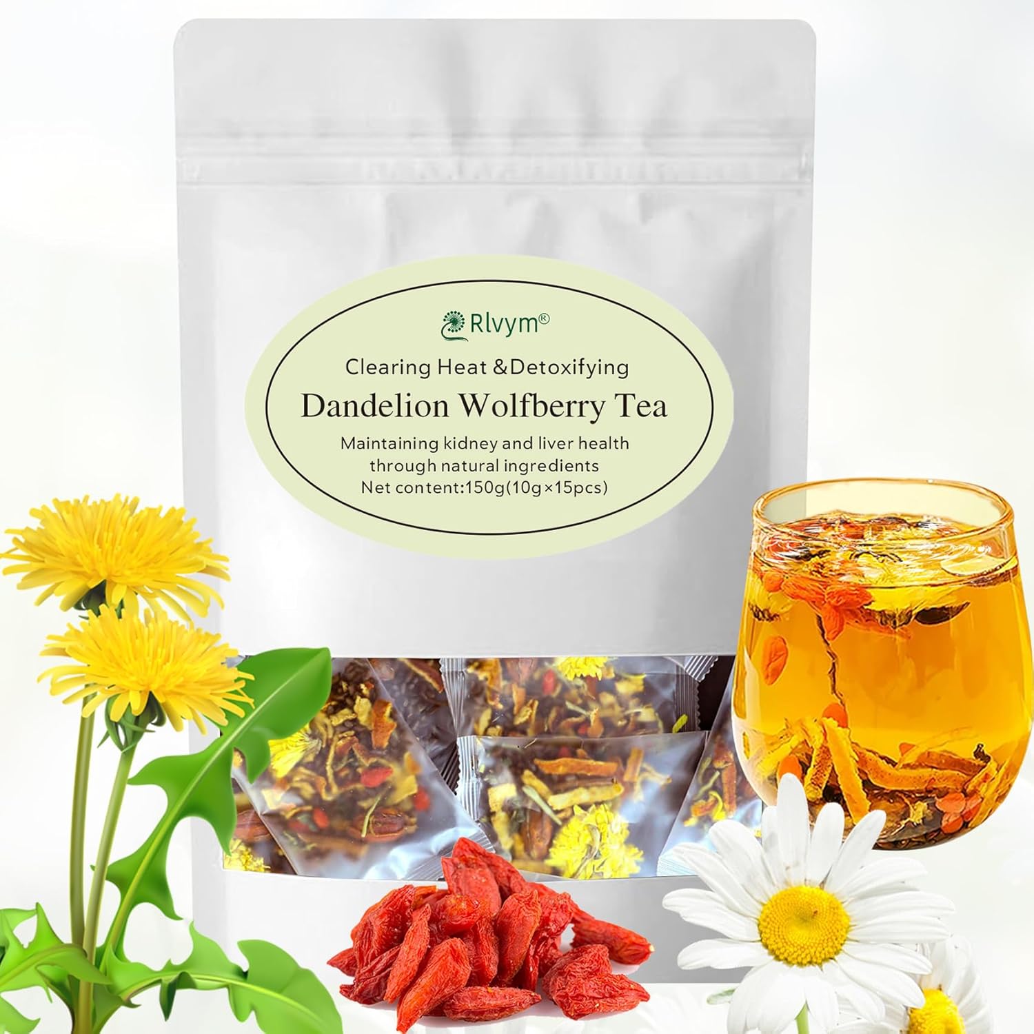 Dandelion Wolfberry Tea, Goji Berry Chrysanthemum Cassia Seed Tea, Seven Natural Herbal Ingredients, For Kidney & Liver Health(15bags, 150g)