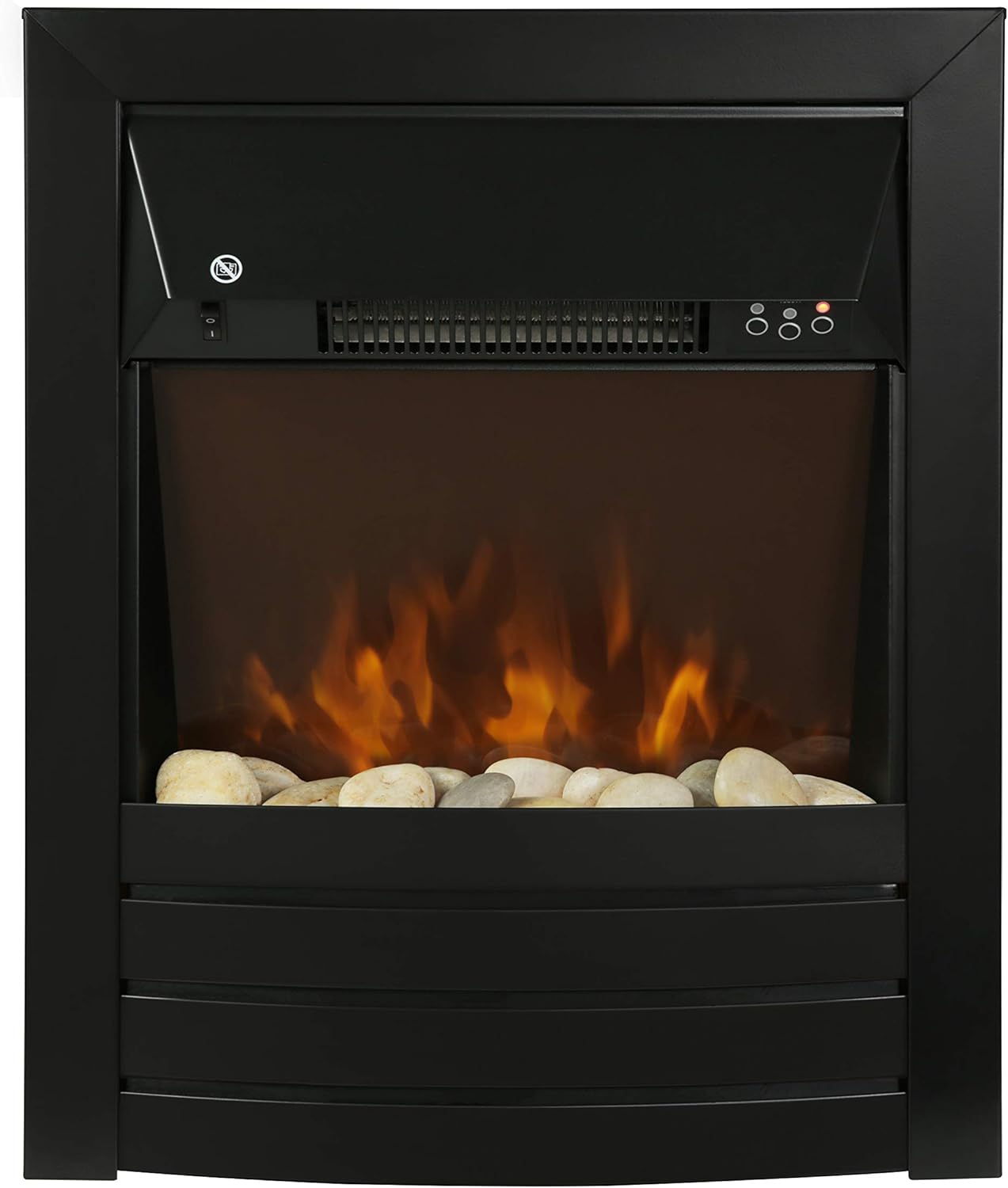 Zanussi ZEFIST1003B 2 KW Black Electric Inset Fire Stove with 2 Heat Settings, Timer and Remote Control, Independent LED Flame Effect, 20-30 m2 Room Size