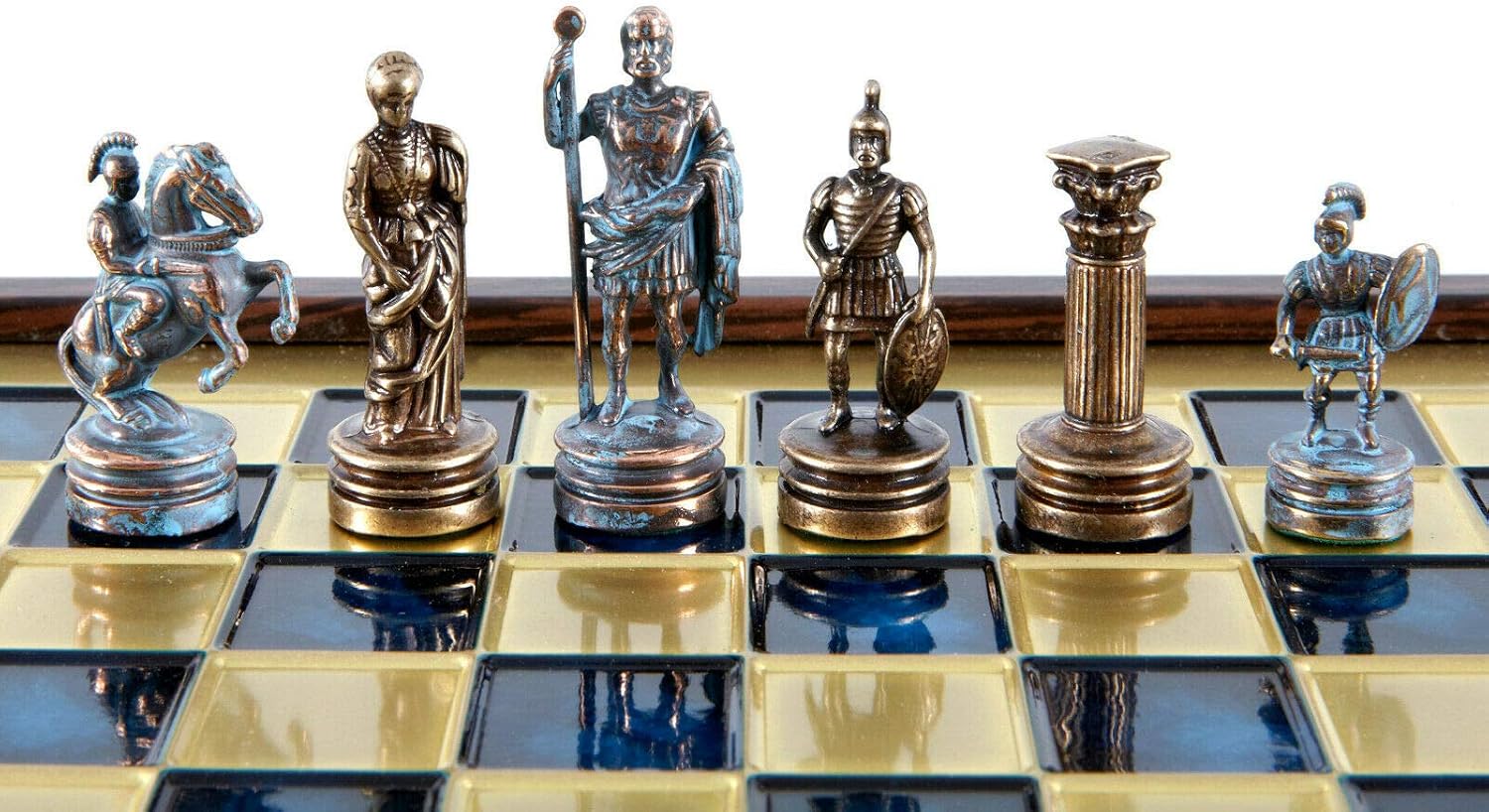 Manopoulos Greek-Roman Army Chess Set - Blue & Copper - Wooden Case - Blue Board - 2 Players - Age 8+
