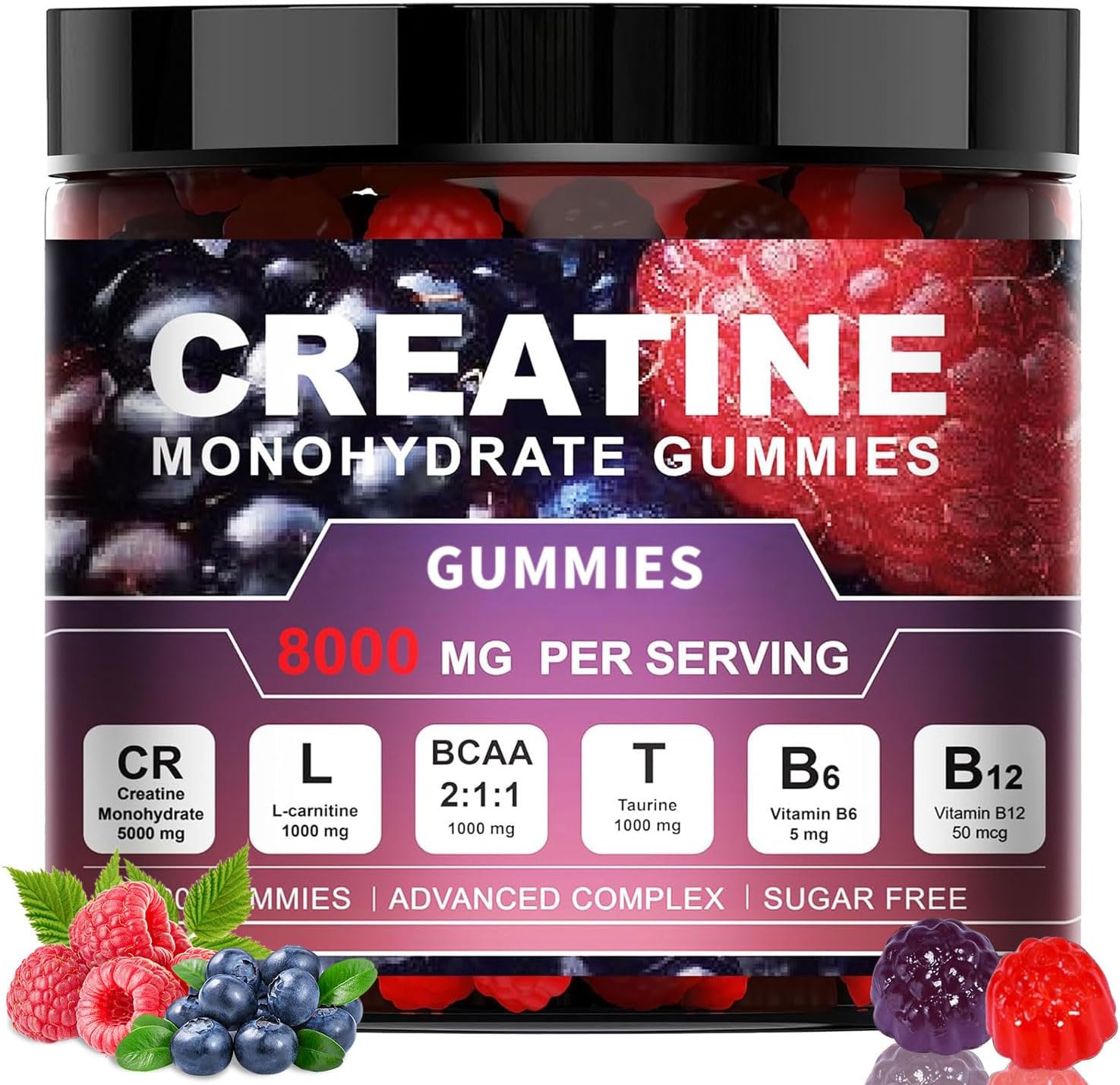 Creatine Monohydrate Gummies, 8000mg Complex, 120 Count, Sugar-Free with BCAA, L-Carnitine, Taurine and Vitamins, for Muscle Strength and Recovery