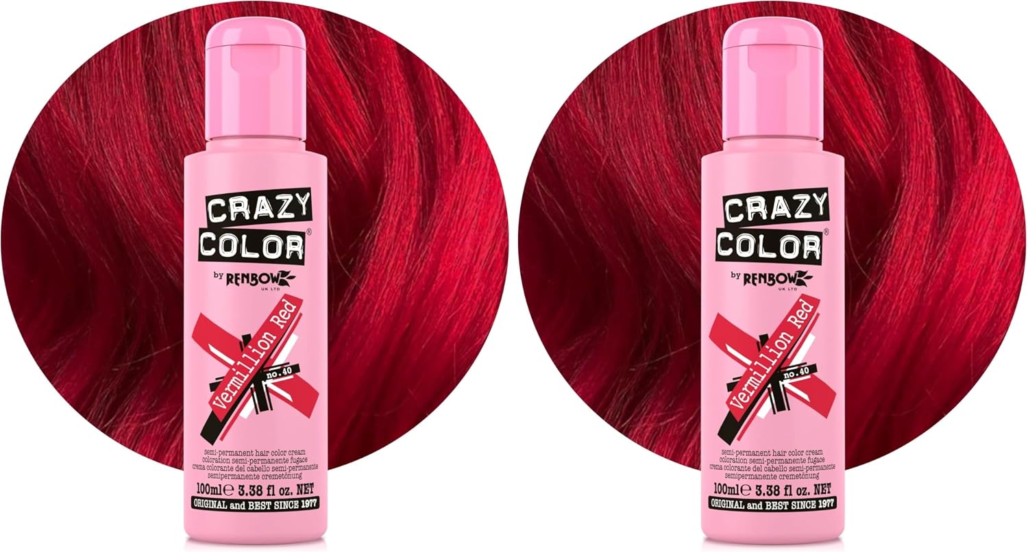 Crazy Color Vibrant Vermillion Red Semi-Permanent Hair Dye. Highly Pigmented Scarlet Red Conditioning & Oil Nourishing Vegan Formula | No Bleach or Ammonia | 100ml (Pack of 2)