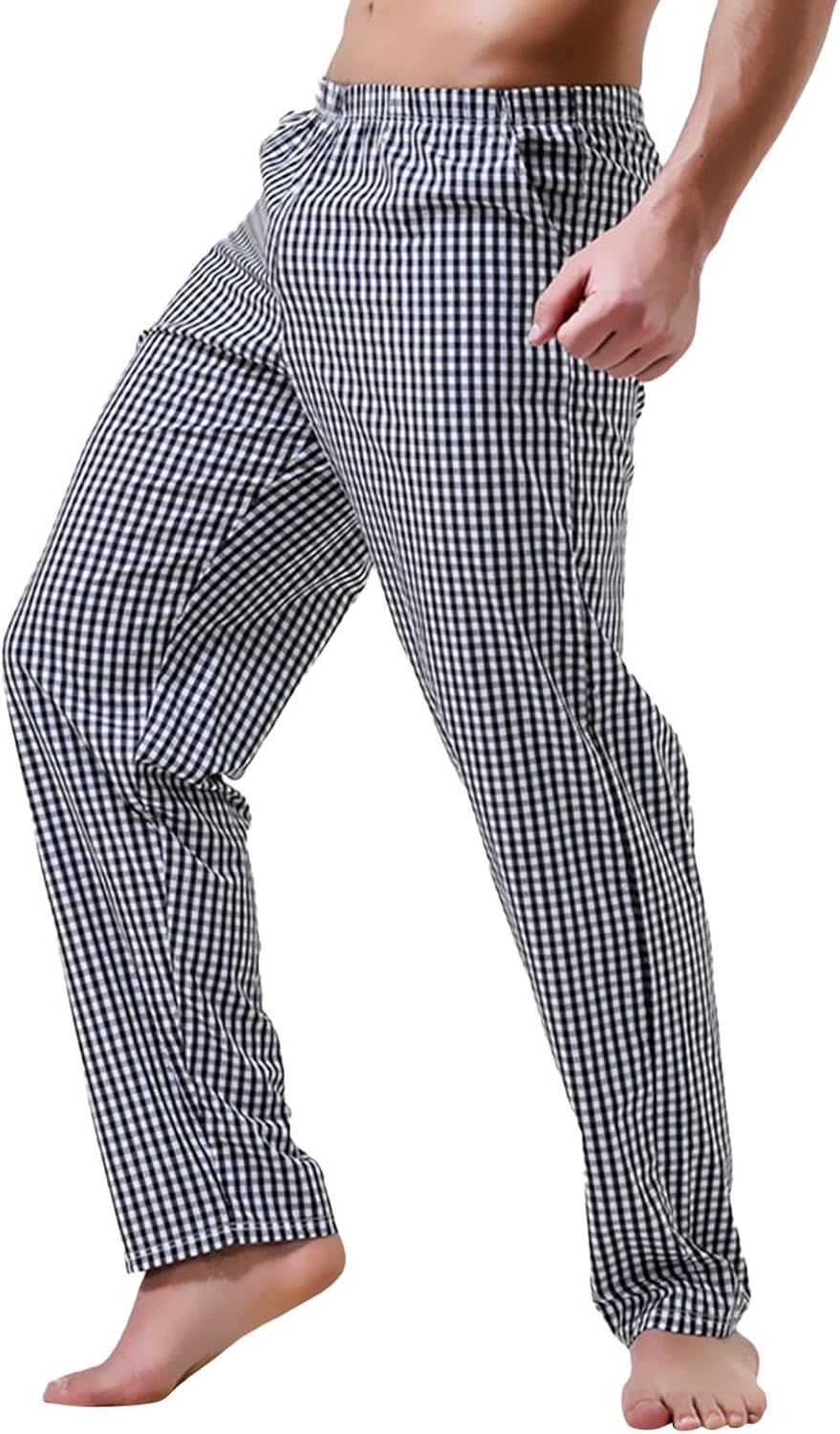 Men's Casual Home Pants, Men's Cotton Pyjama Bottoms, Men Cotton Thin Sleeping Pants, Japanese Mid Waist Loose Plaid Trousers, Light Comfortable Checkered Nightwear Trouser With Pockets