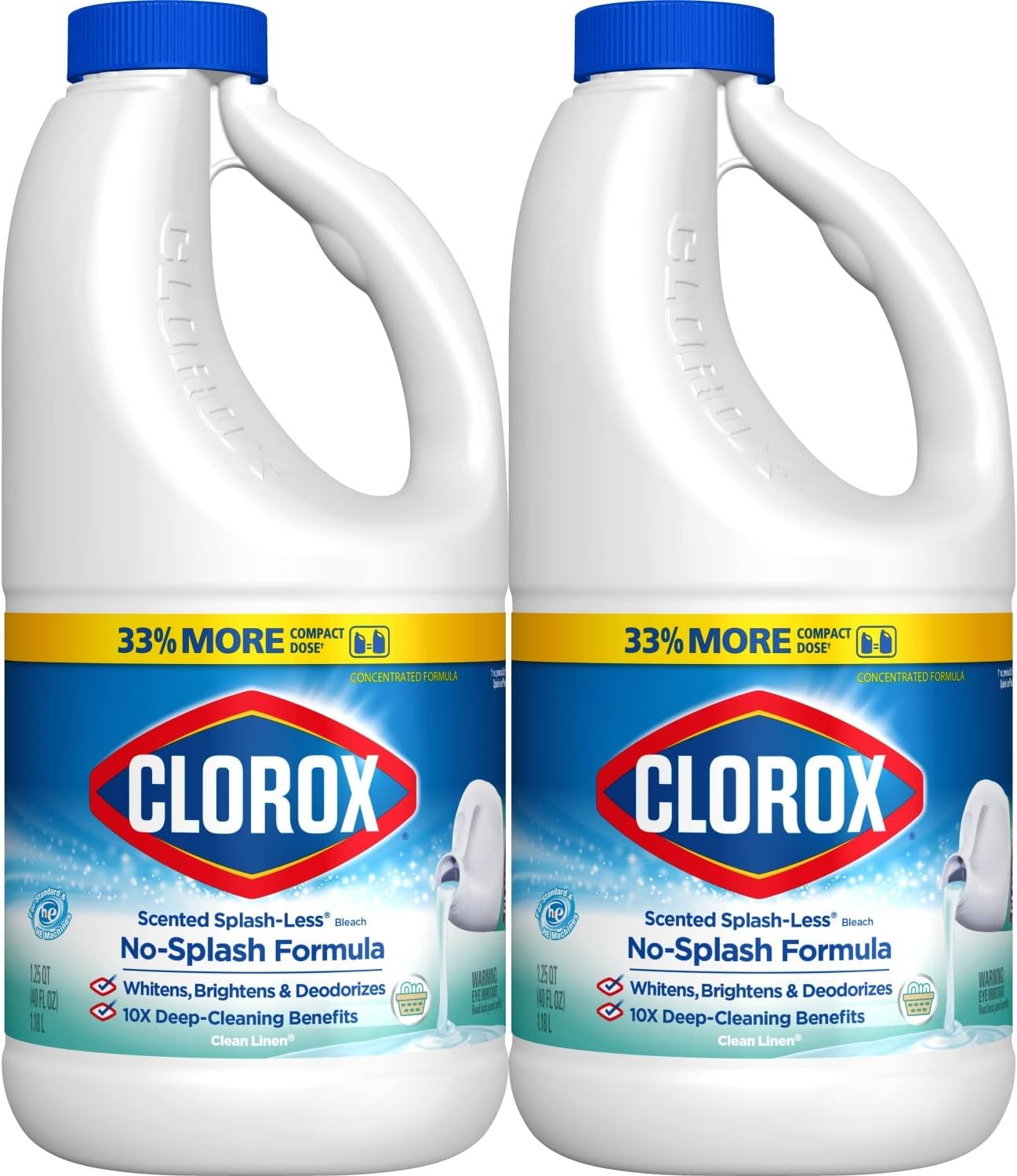 Clorox Splash-Less Bleach, Concentrated Formula, Clean Linen, 40 Ounce Bottle - Pack of 2 (Package May Vary)