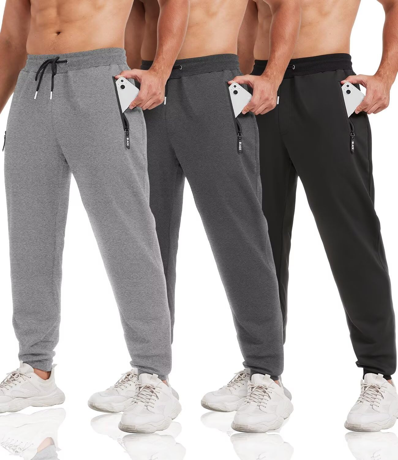 3 Pack Sweatpants for Men Tapered Mens Joggers Pants with Zip Pockets Fleece Slim Fit Workout Running Gym Sweat Pants