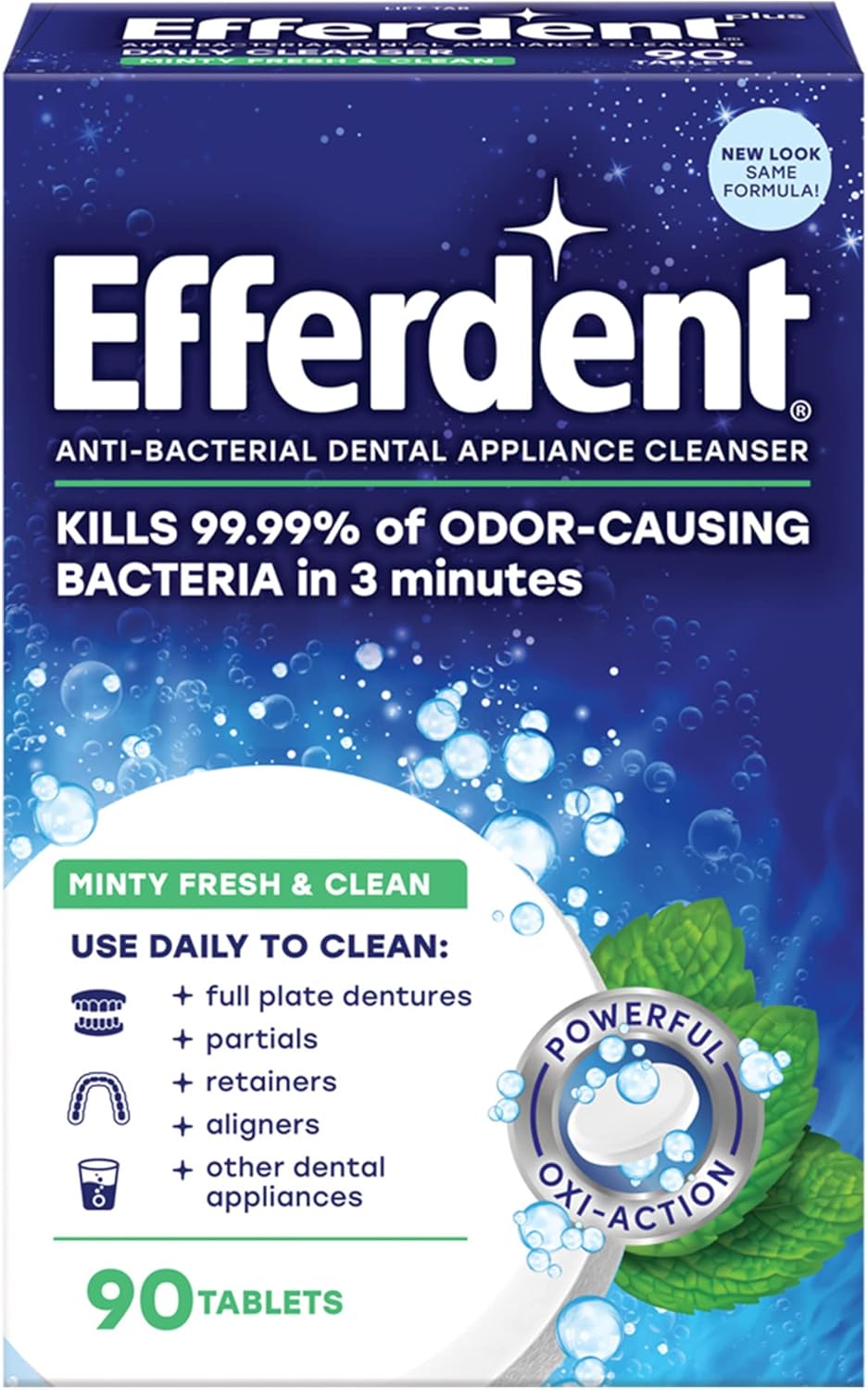 Efferdent Denture Cleaner Minty Fresh & Clean, Retainer Cleaning Tablets for Aligners, Dentures, and Dental Appliances, 90 Count