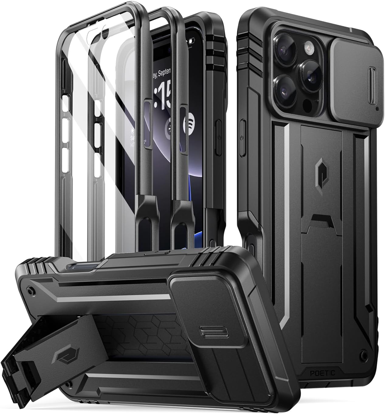Poetic Revolution Case for iPhone 16 Pro 6.3 inch, [Slide Camera Cover], Full-Body Military Grade Rugged Shockproof Cover with Kickstand and Built-in-Screen Protector, Black