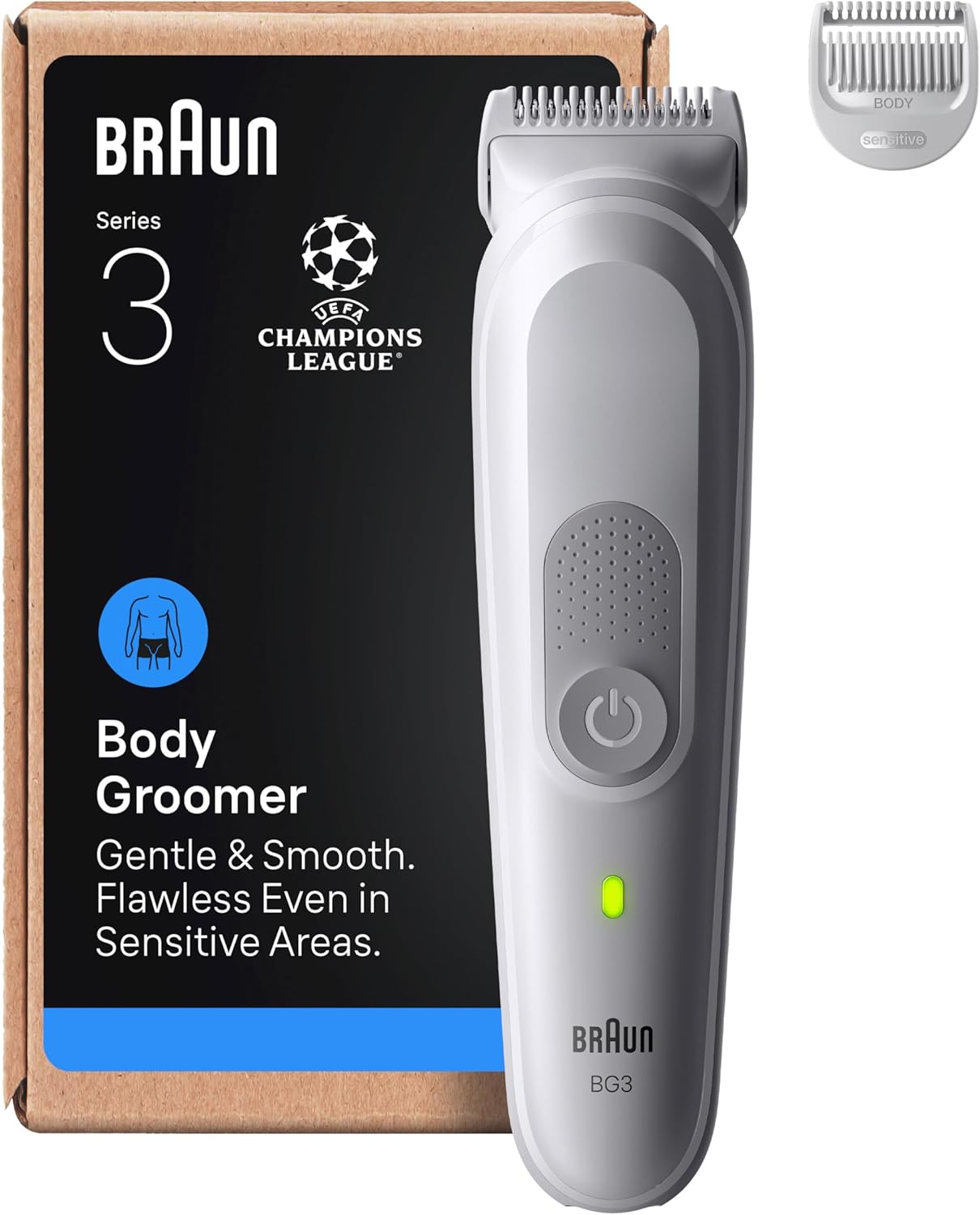 Braun Series 3 Body Groomer for Men, Pubic & Body Hair Trimmer, Waterproof Electric Ball Trimmer & Male Shaver for Sensitive Areas, SkinGuard Grooming Kit with 6 Tools, 80 Min Runtime, BG3575 Grey