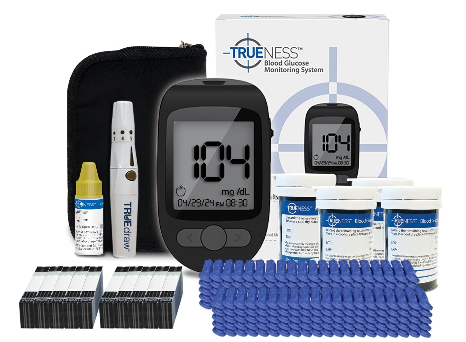 TRUENESS Blood Glucose Meter Bundle - Includes Meter, Meter Case, 100 Test Strips, 100 Lancets, Lancing Device and Control Solution - Ideal for Testing Blood Sugar Levels & Diabetes Management