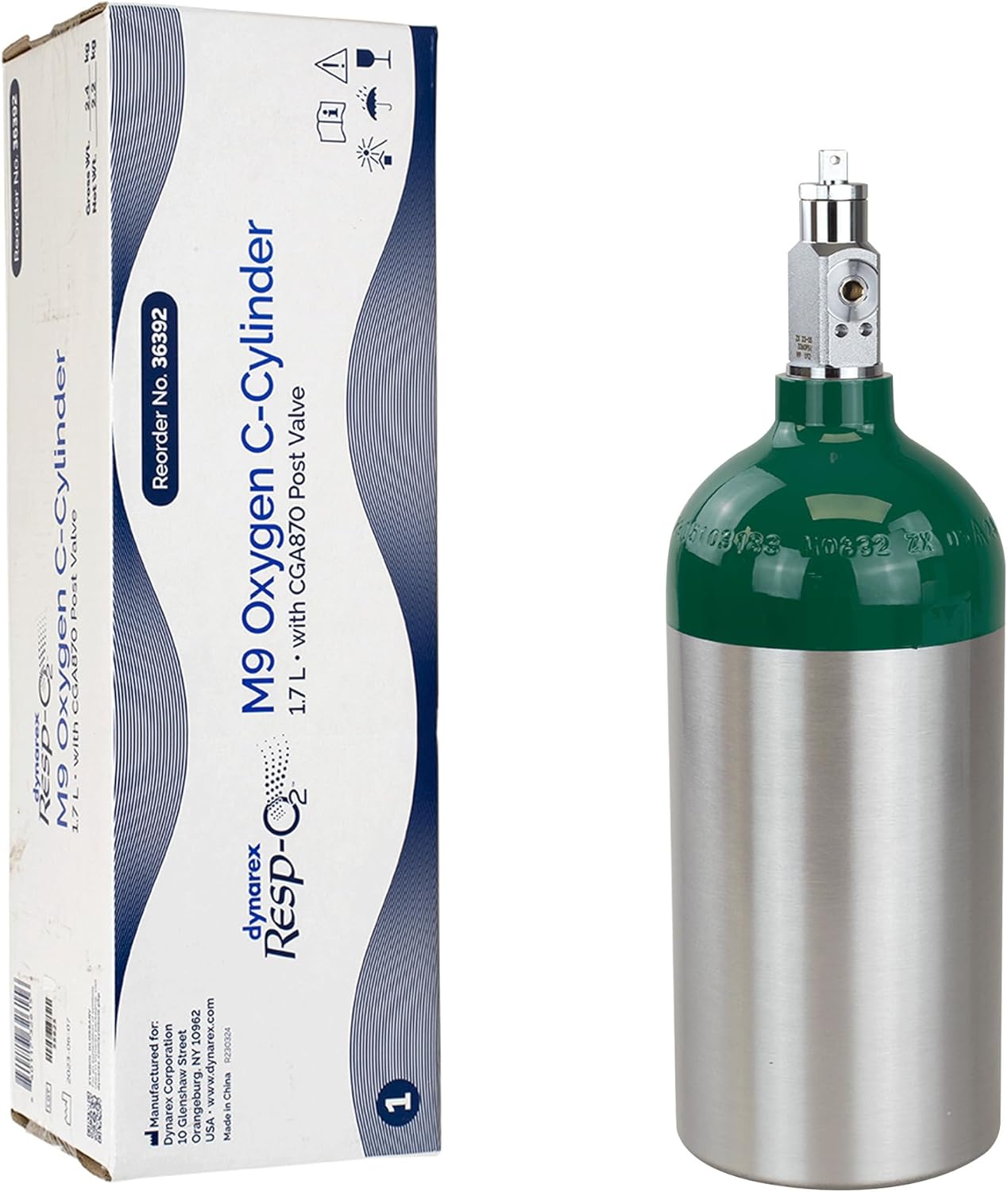 Dynarex Resp-O2 M9 Oxygen C -Cylinder with CGA 870 Post Valve – 1.7L Standard Size Oxygen Cylinder - Lightweight Aluminum Portable Tank with 255L Oxygen Capacity