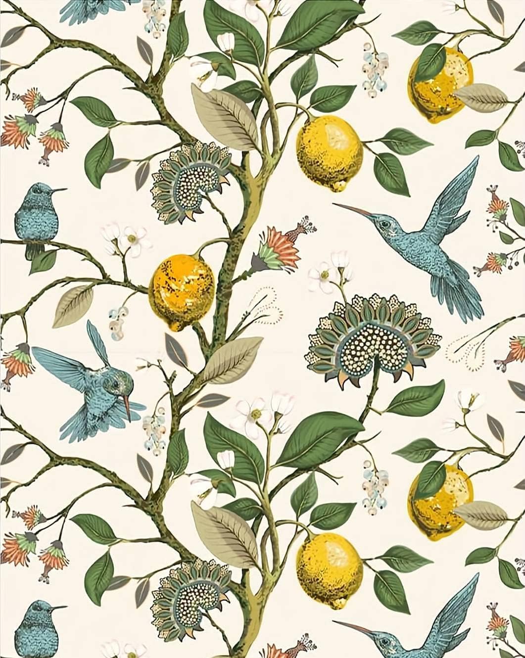Blue Bird Self Adhesive Wallpaper Fresh Lemon Tree Peel and Stick Wallpaper Removable Waterproof Prepasted Contact Paper Wall Mural 17.7in x 9.8ft