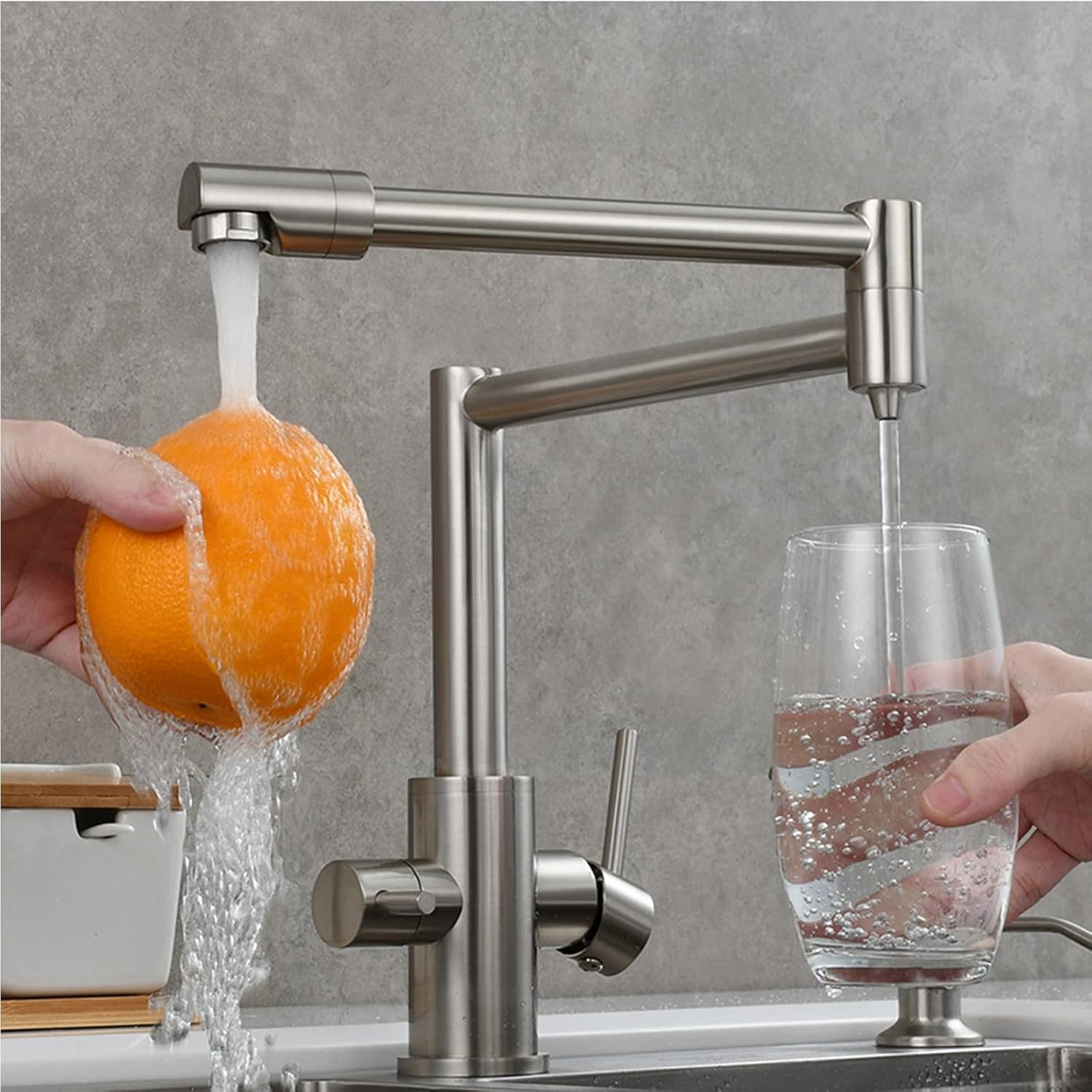 Pot Filler Deck Mount Kitchen Faucet with Drinking Water Dual Handle Cold and Hot Water Kitchen Mixer Tap, Double Joint Swing Arm Kitchen Sink Faucet,Black,Short(Brushed Nickel,Short)