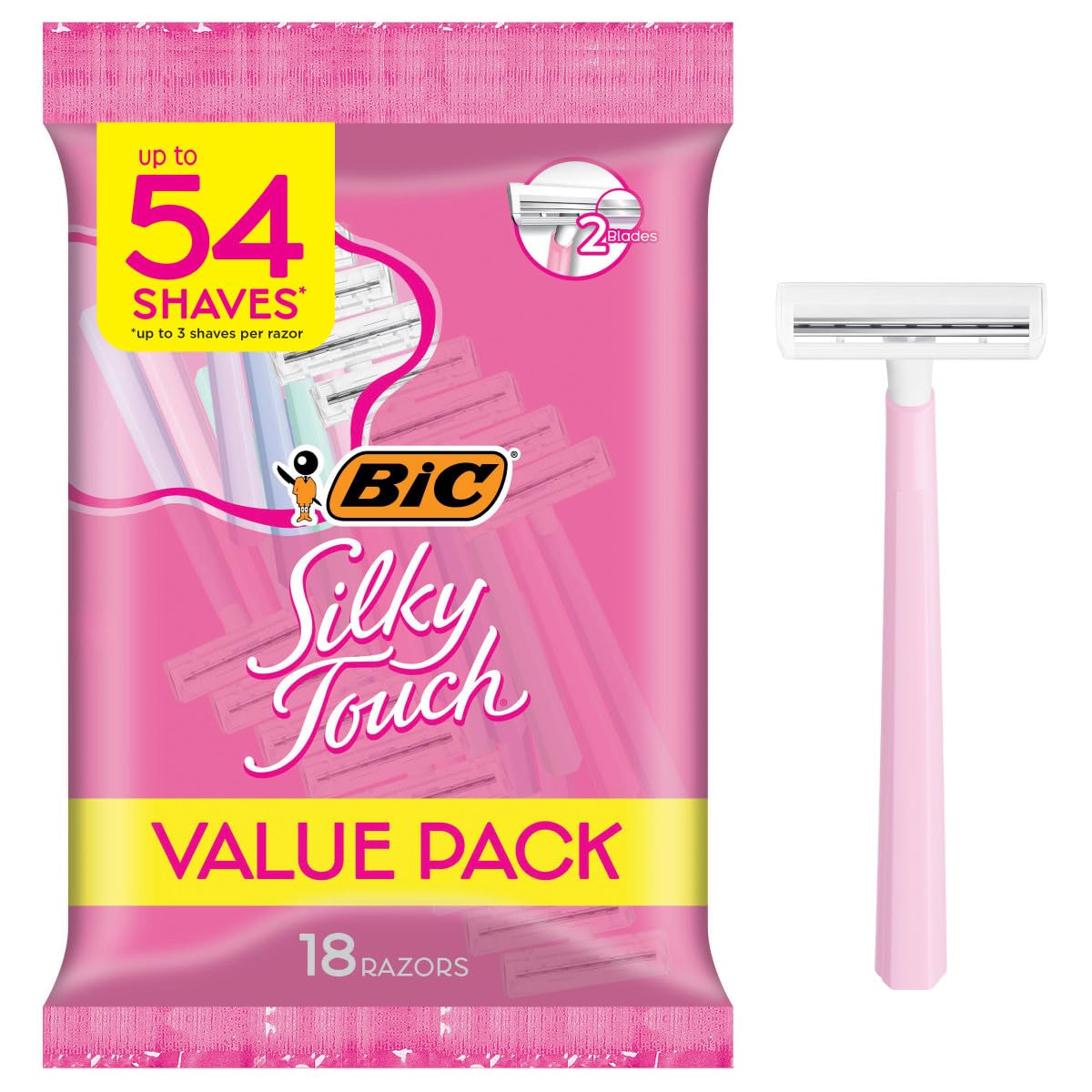 BIC Silky Touch Women's Disposable 2 Blade Razors, Assorted Colors with Long Handles, 18-Pack, Razors for Women