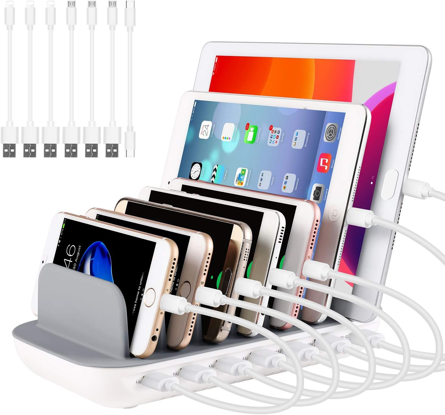 PRITEK Charging Station for Multiple Devices 60W/12A 7 Ports Desktop Charger Station with 6 Ai USB Ports + 1 Type-c Port with 7pcs USB Cables Compatible for most USB Enabled Electronics (White)