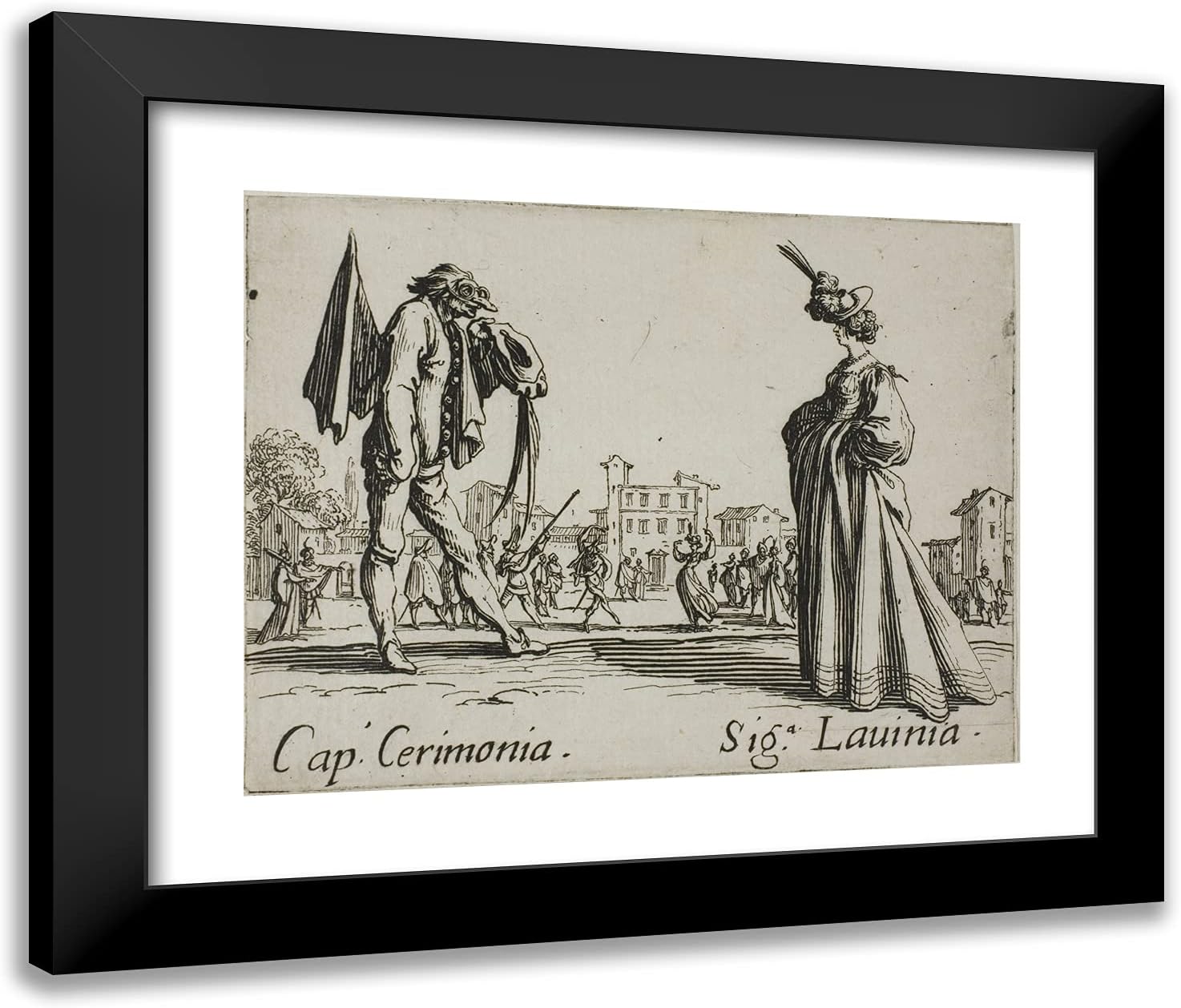 ArtDirect Jacques Callot 23x20 Black Modern Framed Art Print Titled Smaraolo Cornuto and Ratsa di Boio, ROM Balli di Sfessania
